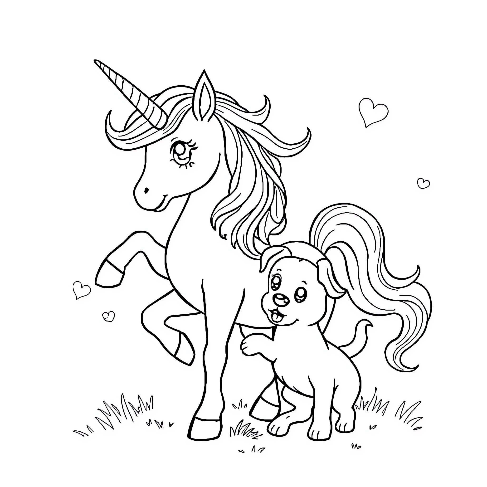 Unicorn and Puppy Playing Together Happily Coloring Page (free black-and-white line drawing printable PDF for all, from beginners to advanced learners, including children, teens, adults, and seniors)