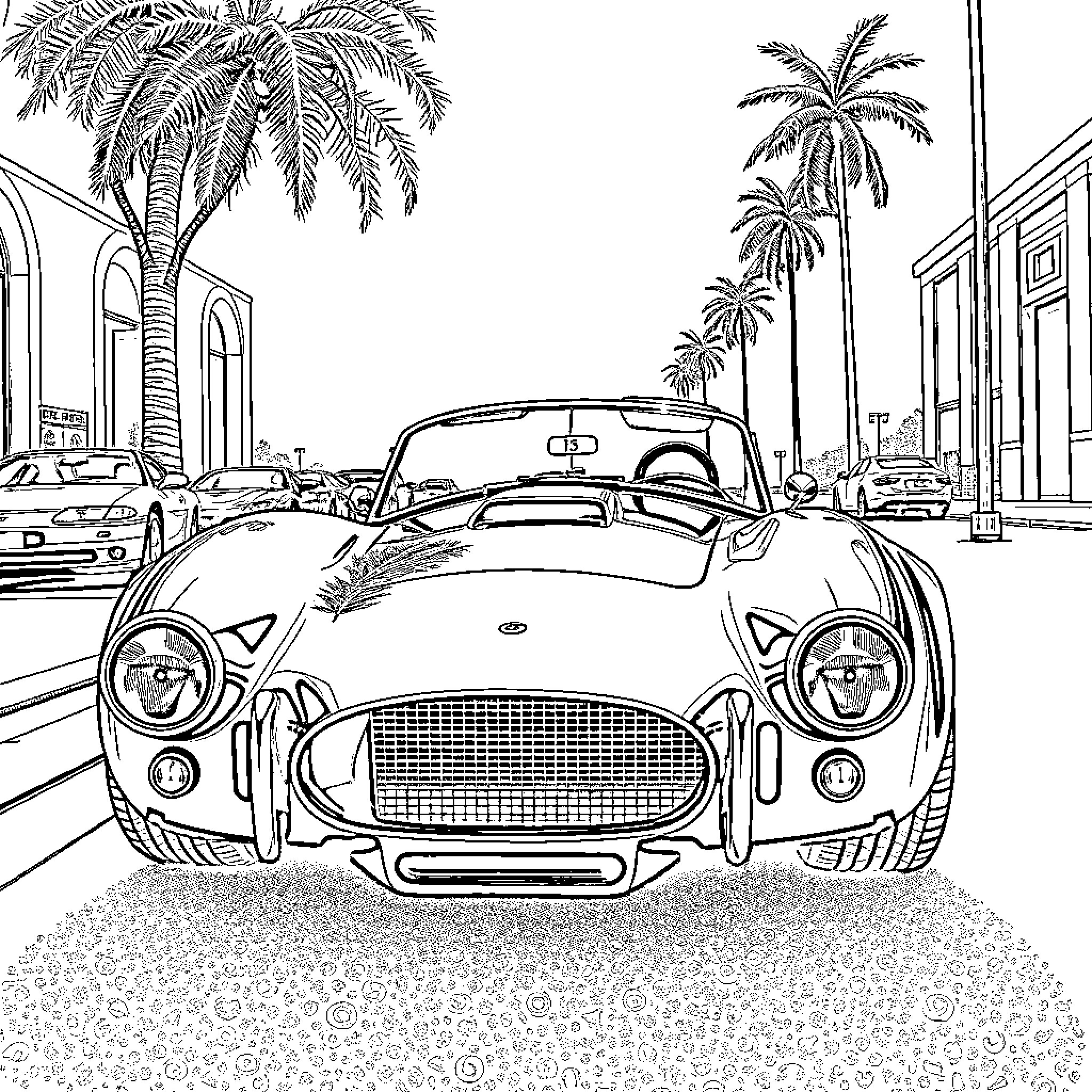 Cobra sports car in tropical paradise Coloring Page (free black-and-white line drawing printable PDF for all, from beginners to advanced learners, including children, teens, adults, and seniors)