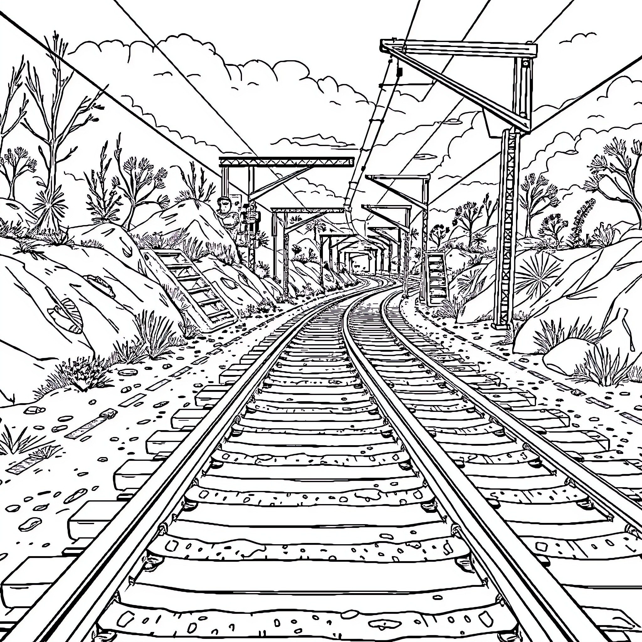 Rail tracks winding through scenic landscape Coloring Page (free black-and-white line drawing printable PDF for all, from beginners to advanced learners, including children, teens, adults, and seniors)