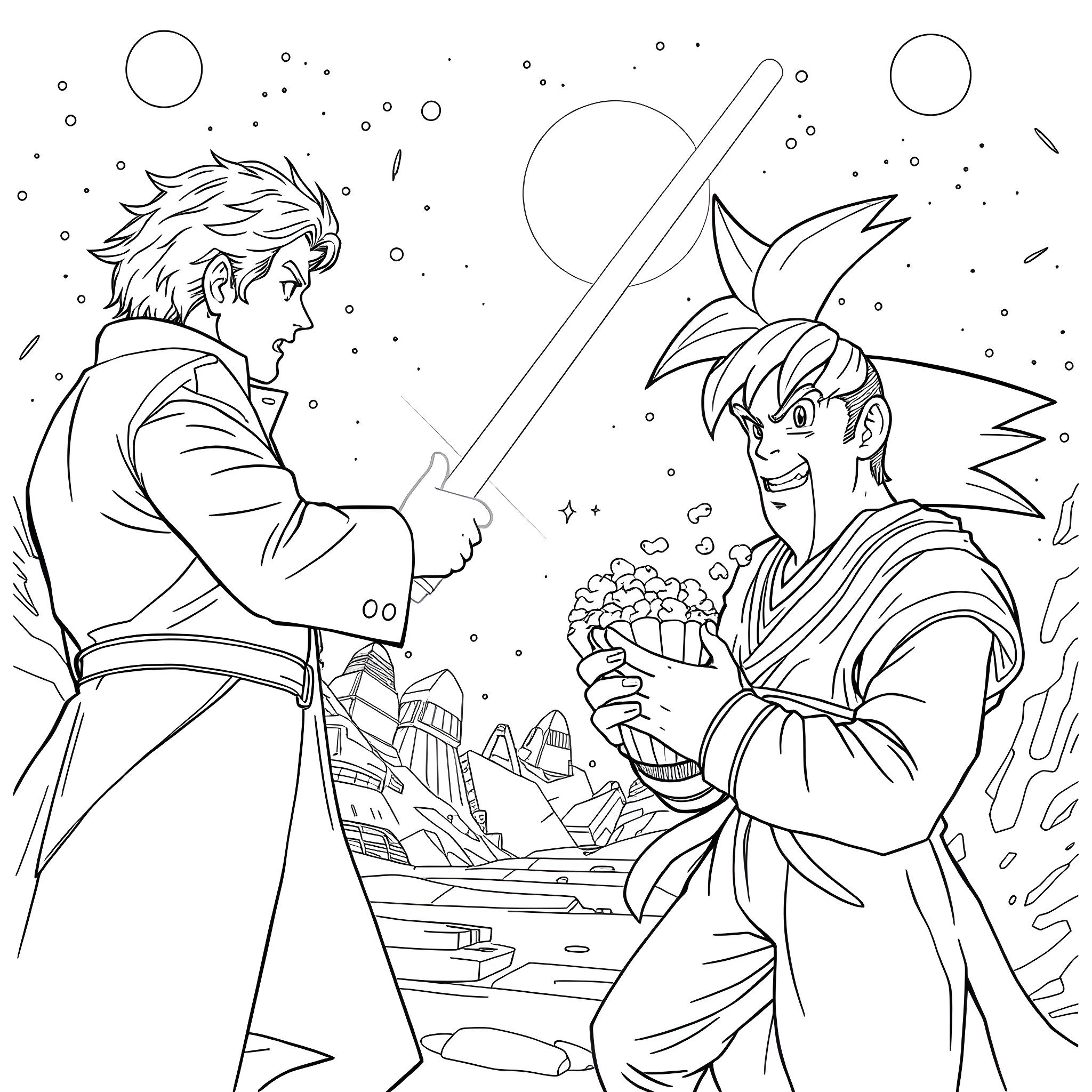 Doctor with Sword Confronts Smiling Person Coloring Page (free black-and-white line drawing printable PDF for all, from beginners to advanced learners, including children, teens, adults, and seniors)