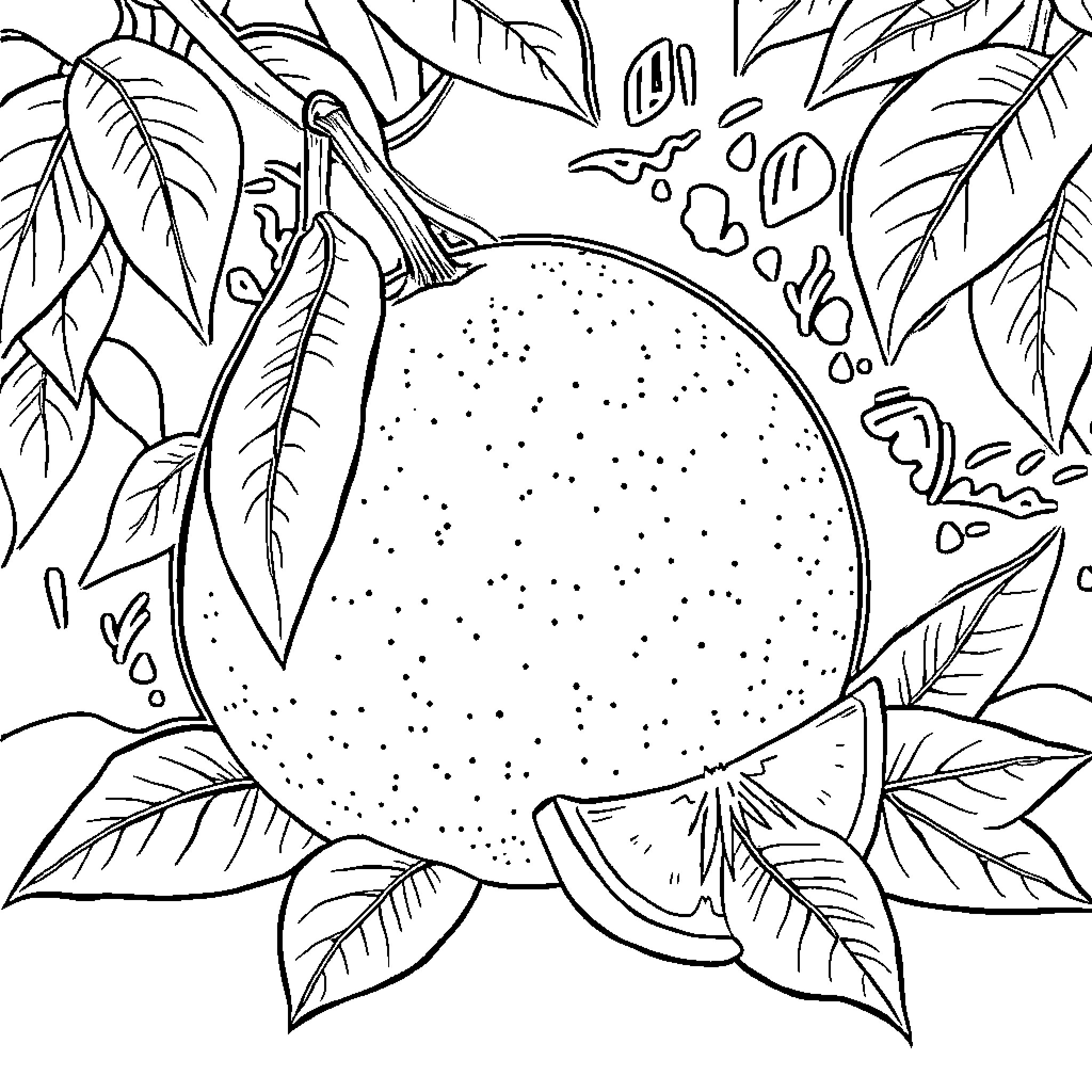 Orange Fruit Among Lush Tropical Foliage Coloring Page (free black-and-white line drawing printable PDF for all, from beginners to advanced learners, including children, teens, adults, and seniors)