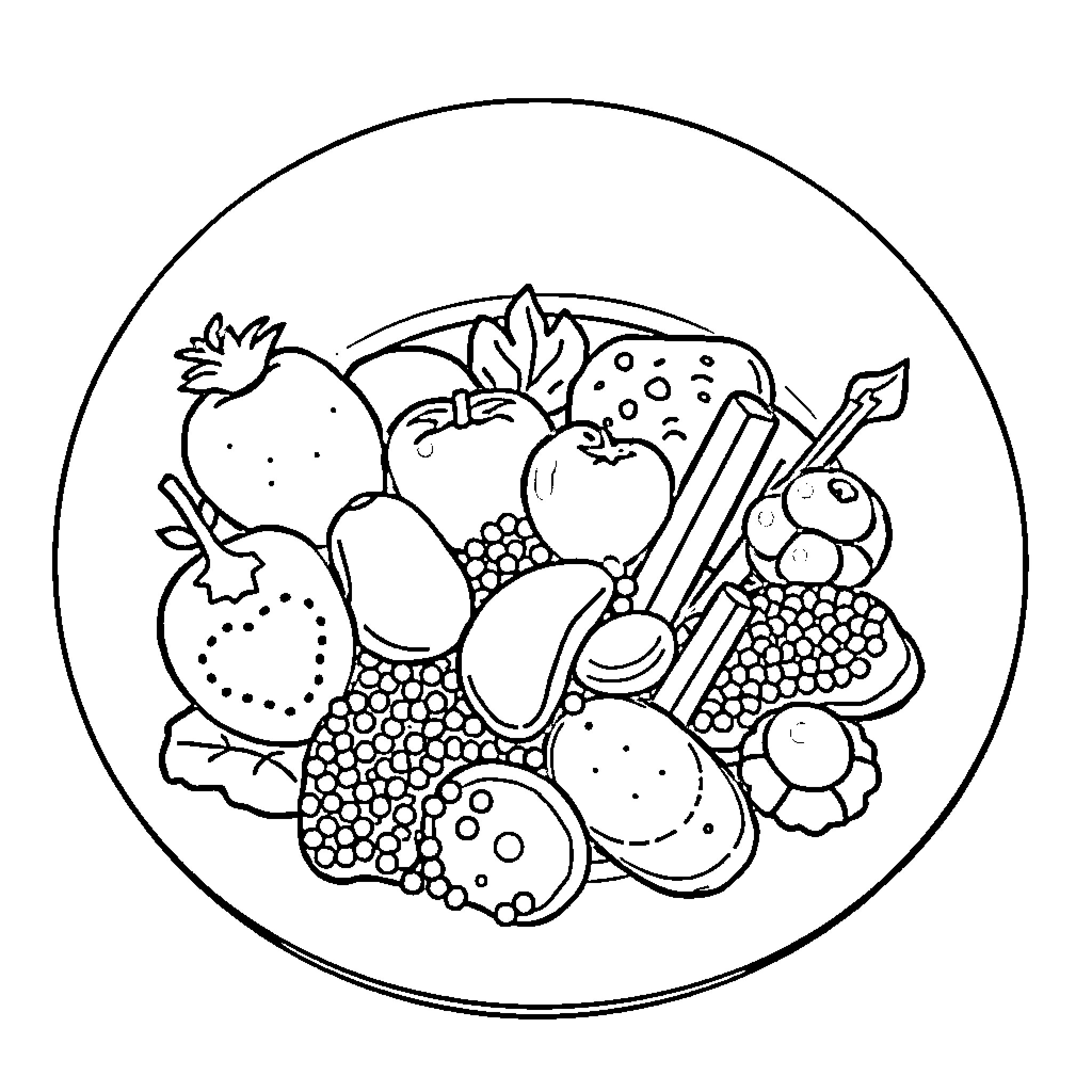 Plato's Bountiful Harvest of Fruits and Vegetables Coloring Page (free black-and-white line drawing printable PDF for all, from beginners to advanced learners, including children, teens, adults, and seniors)