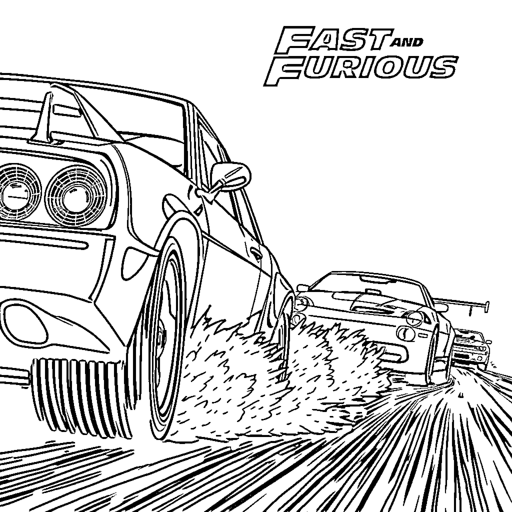 Fast and the Furious action-packed car chase scene Coloring Page (free black-and-white line drawing printable PDF for all, from beginners to advanced learners, including children, teens, adults, and seniors)