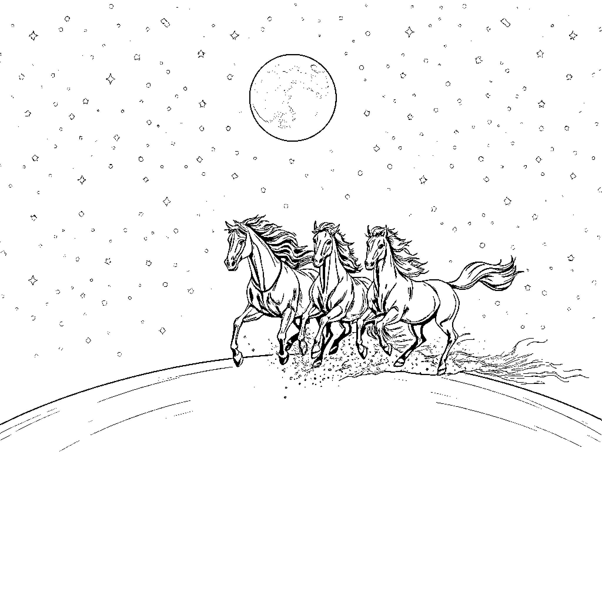 Horse herd galloping under the night sky Coloring Page (free black-and-white line drawing printable PDF for all, from beginners to advanced learners, including children, teens, adults, and seniors)