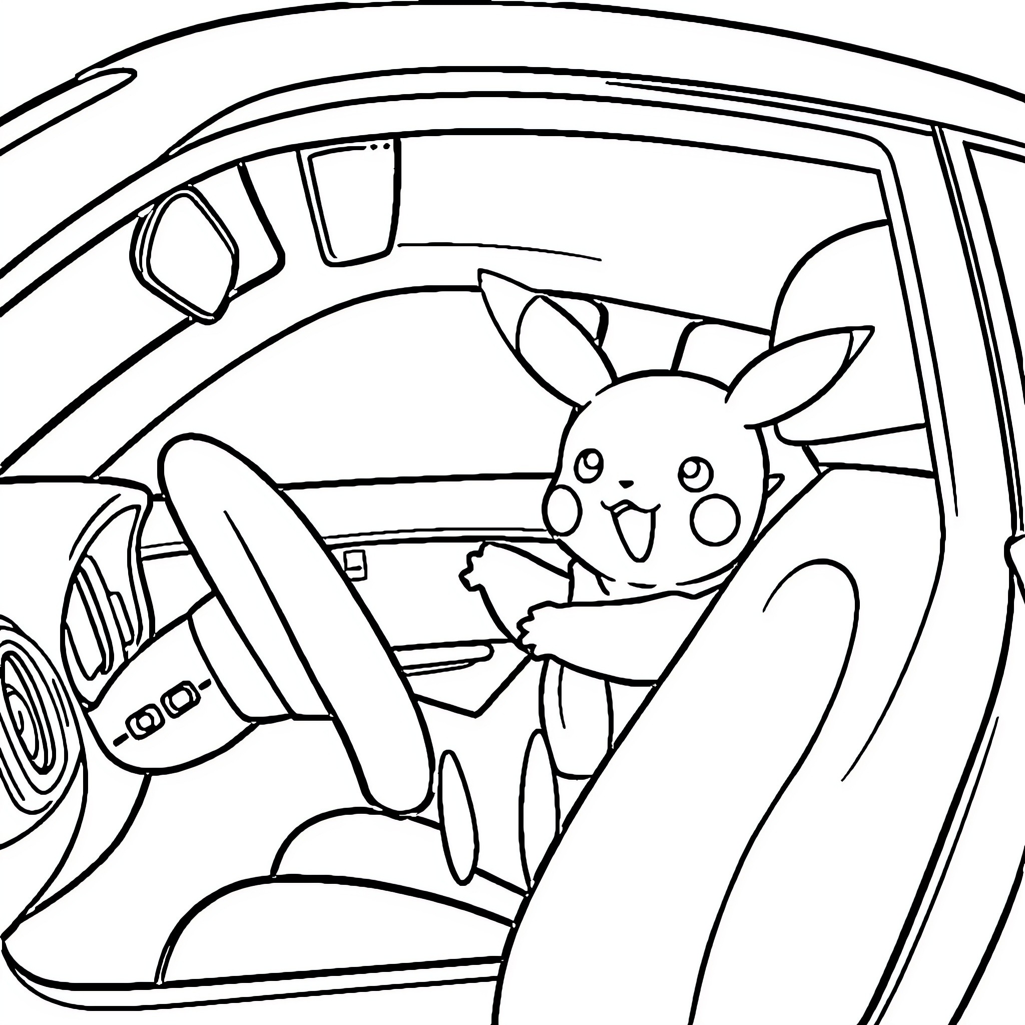 Pikachu enjoying a ride in the car Coloring Page (free black-and-white line drawing printable PDF for all, from beginners to advanced learners, including children, teens, adults, and seniors)