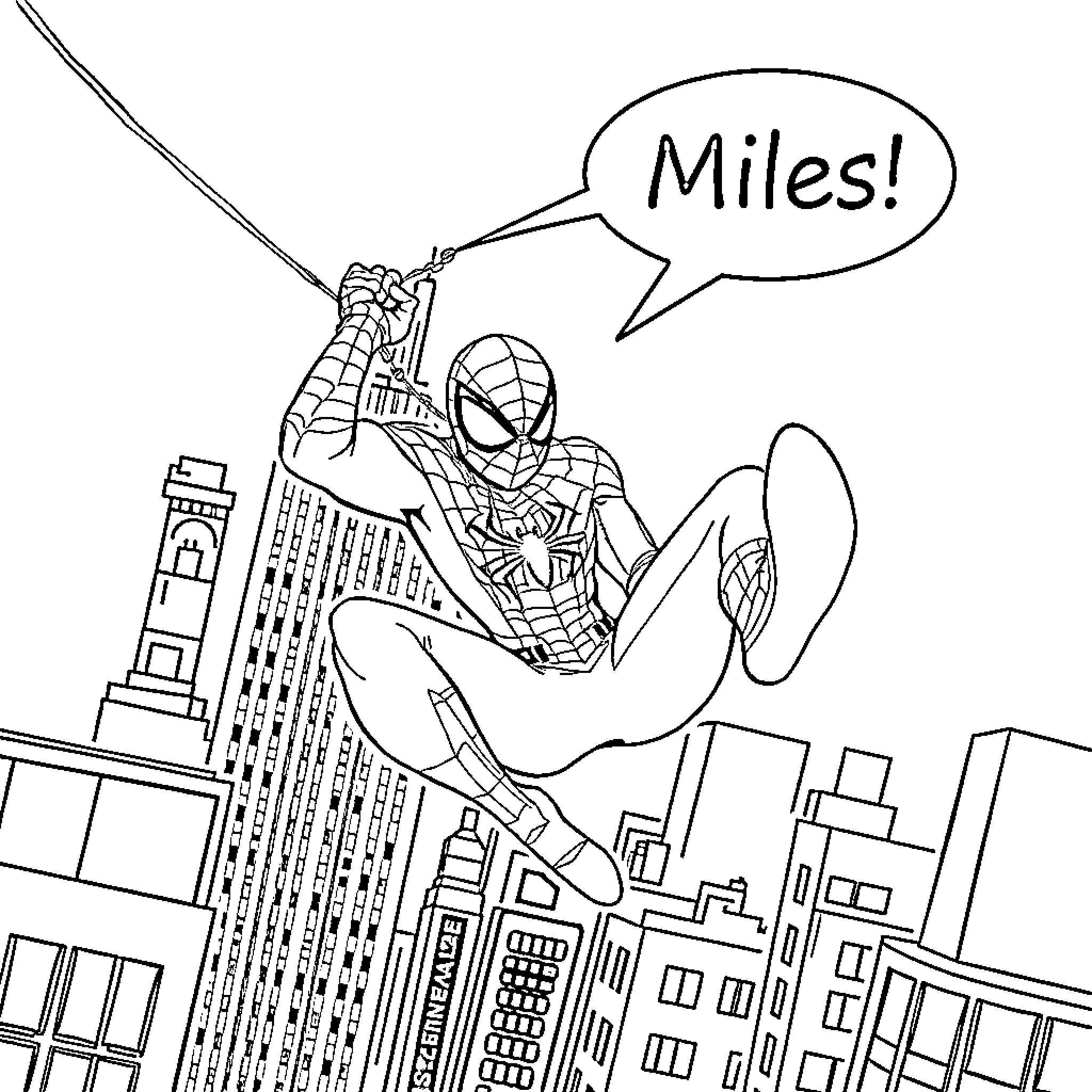 Spider-Man swinging through the city, shouting 'Miles!' Coloring Page (free black-and-white line drawing printable PDF for all, from beginners to advanced learners, including children, teens, adults, and seniors)
