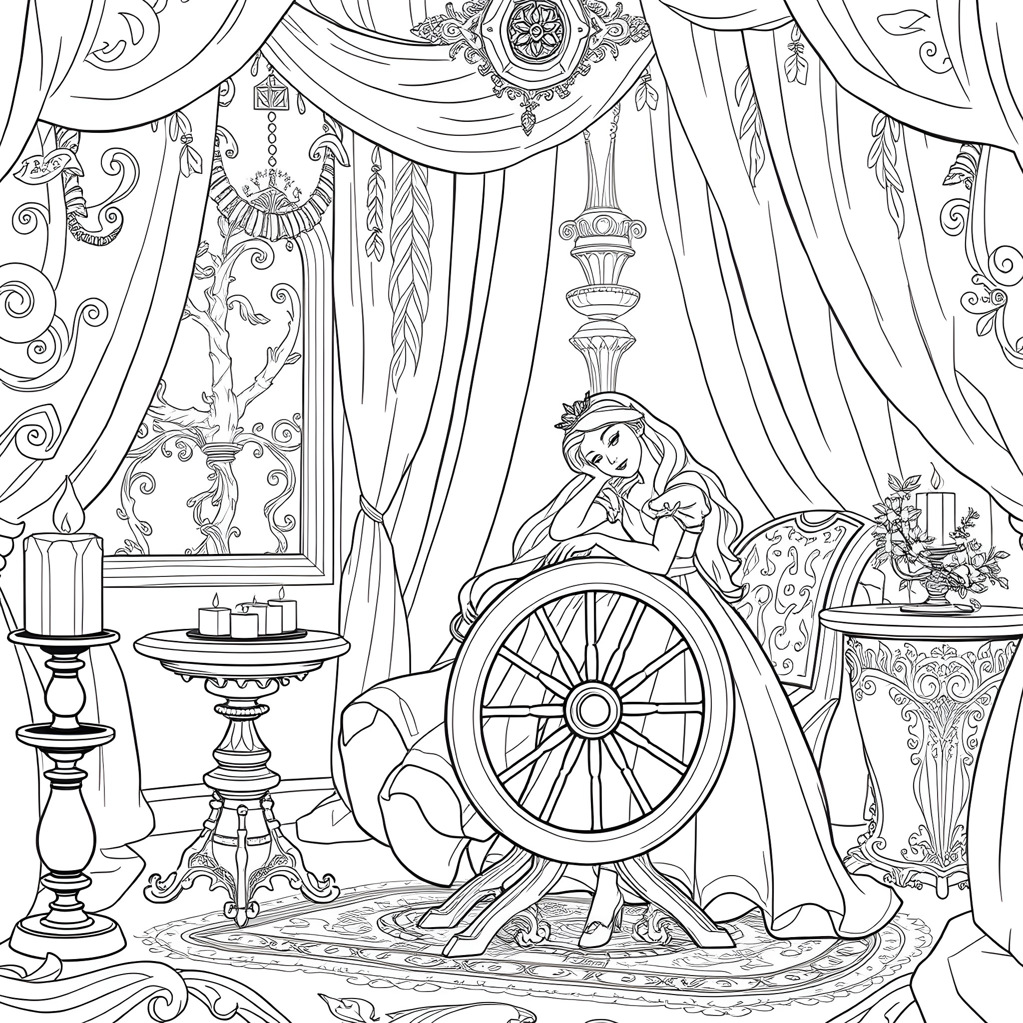 Sleeping Beauty in a Lavish Bedroom Scene Coloring Page (free black-and-white line drawing printable PDF for all, from beginners to advanced learners, including children, teens, adults, and seniors)