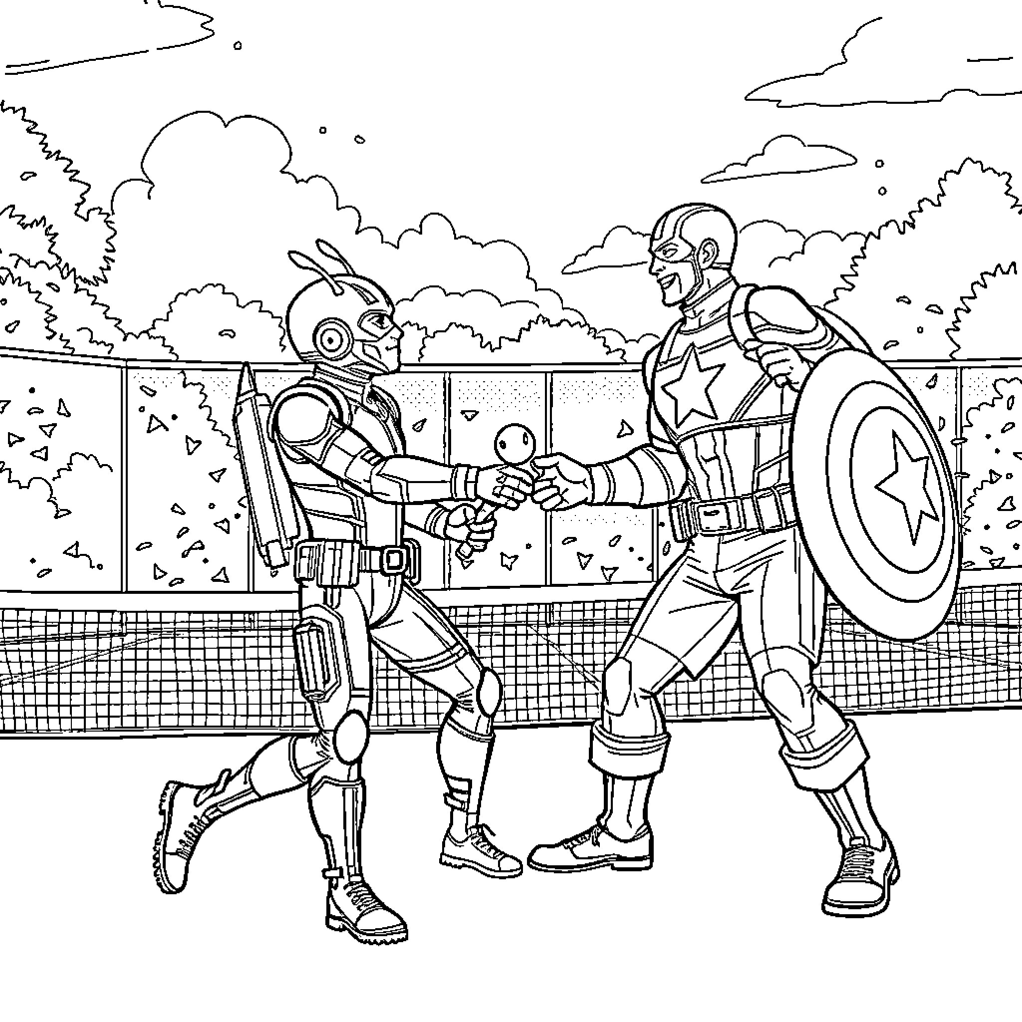 Antman and Captain America shake hands in epic encounter Coloring Page (free black-and-white line drawing printable PDF for all, from beginners to advanced learners, including children, teens, adults, and seniors)