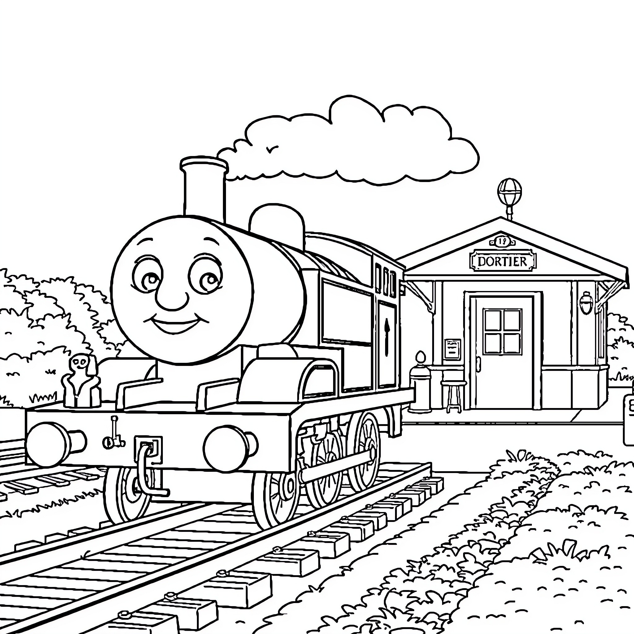 Thomas the friendly train near the station Coloring Page (free black-and-white line drawing printable PDF for all, from beginners to advanced learners, including children, teens, adults, and seniors)