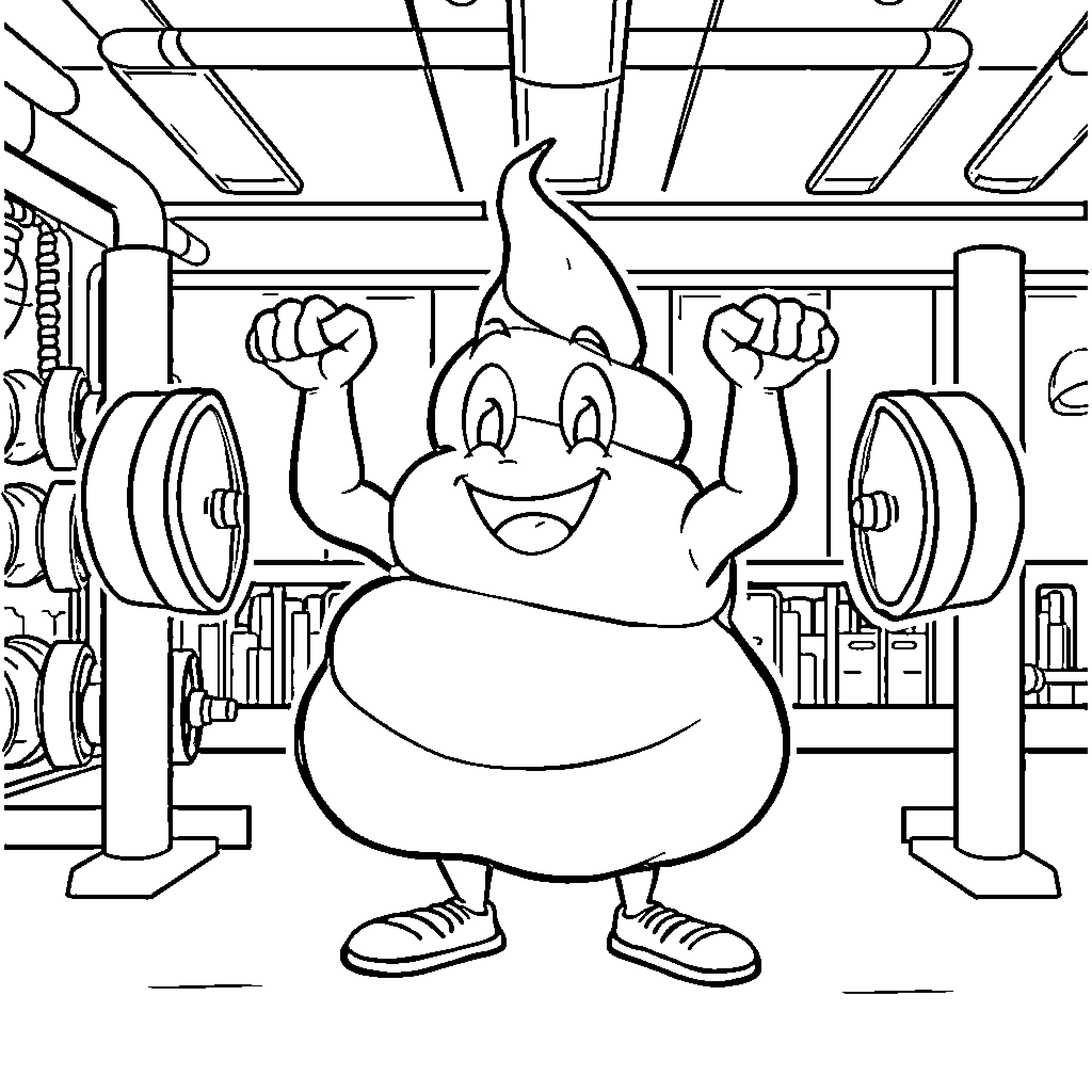 Poop flexing muscles in the gym Coloring Page (free black-and-white line drawing printable PDF for all, from beginners to advanced learners, including children, teens, adults, and seniors)