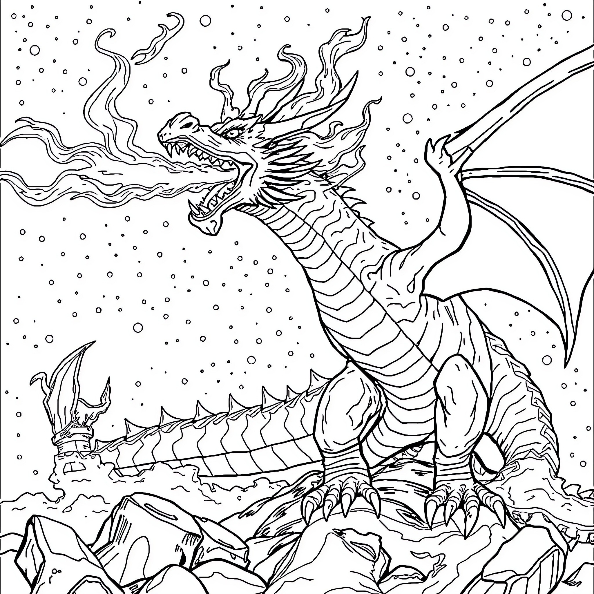 Dragon breathing fire in a snowy landscape Coloring Page (free black-and-white line drawing printable PDF for all, from beginners to advanced learners, including children, teens, adults, and seniors)