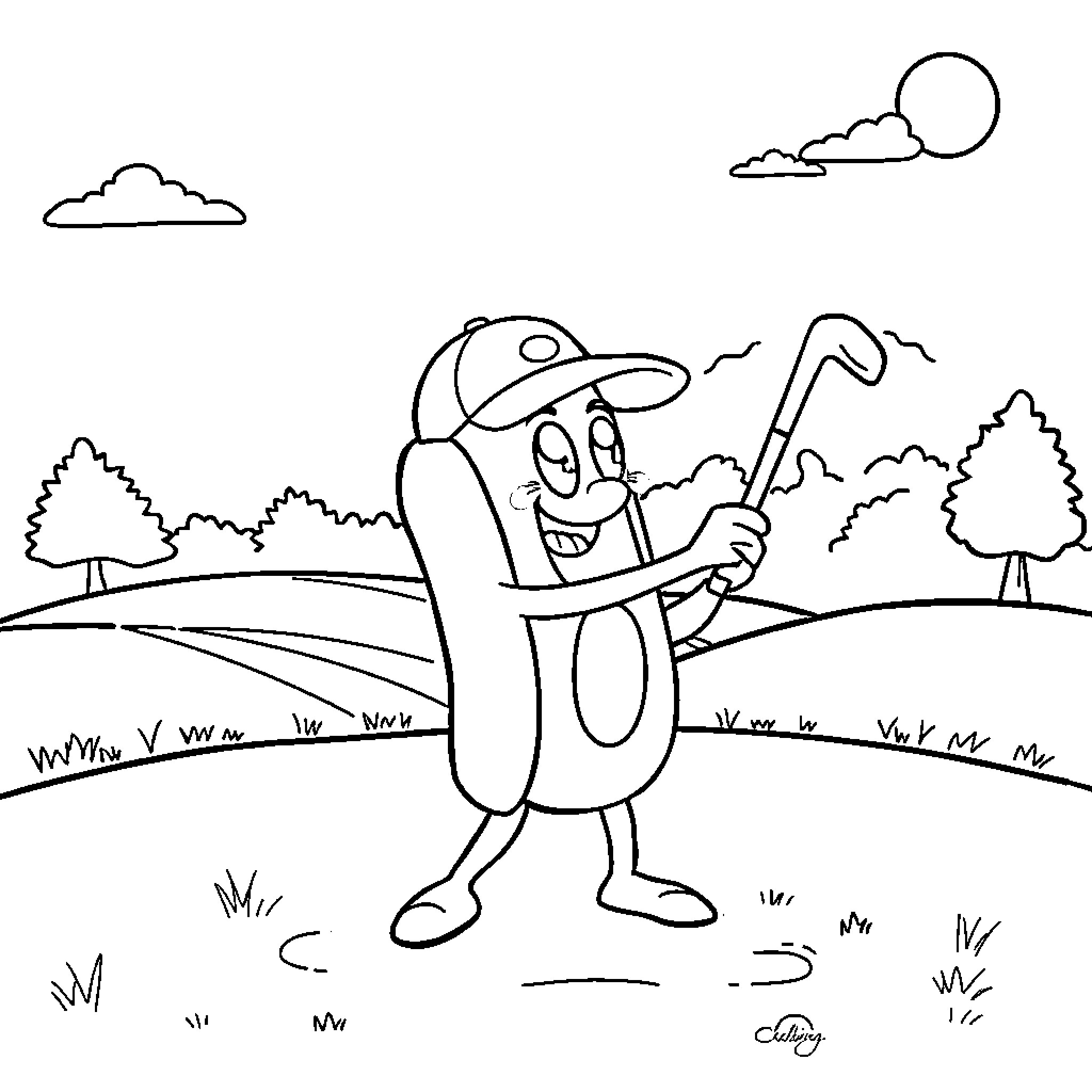 Hotdog character holding a golf club in nature Coloring Page (free black-and-white line drawing printable PDF for all, from beginners to advanced learners, including children, teens, adults, and seniors)