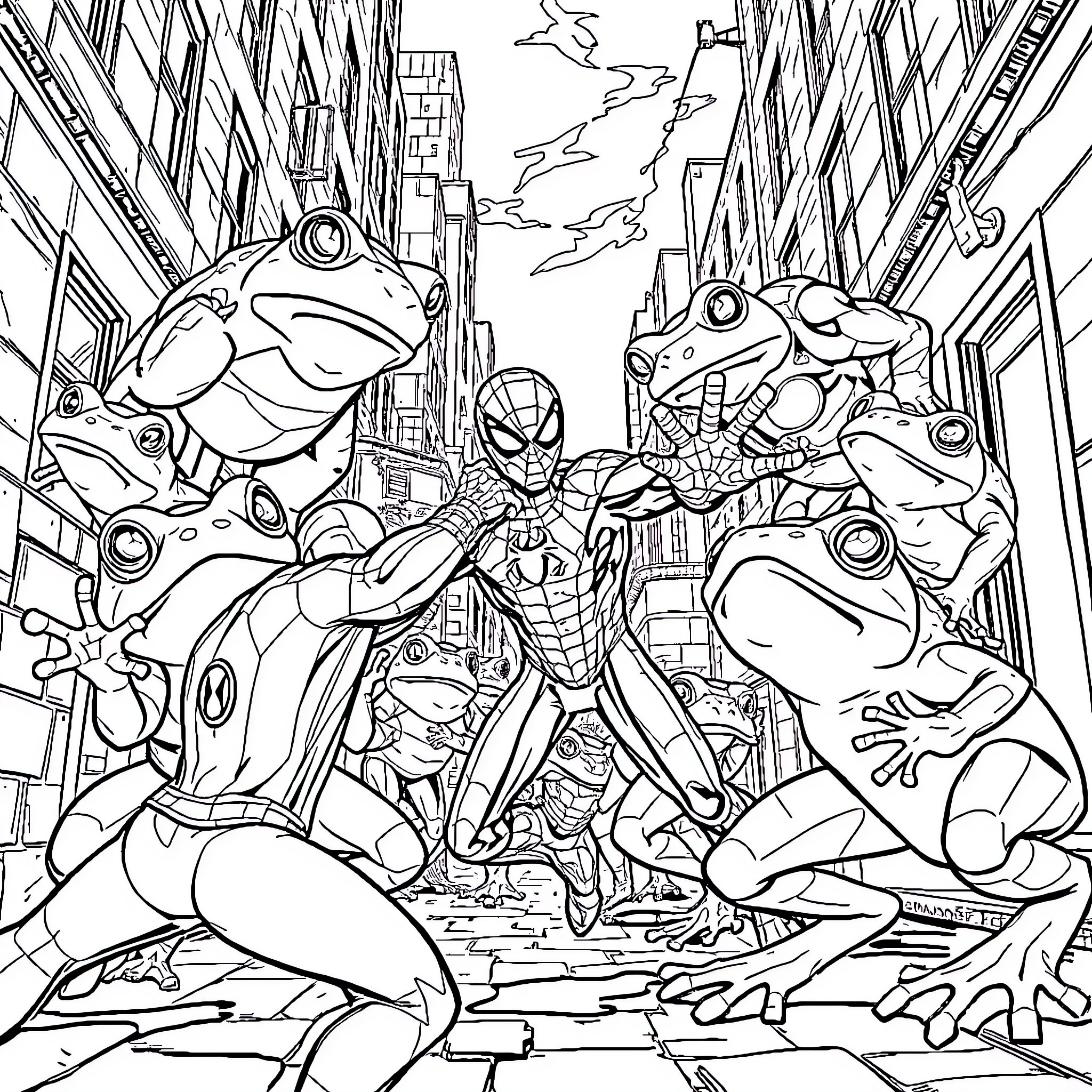 Spiderman battles giant frog creatures in the city Coloring Page (free black-and-white line drawing printable PDF for all, from beginners to advanced learners, including children, teens, adults, and seniors)