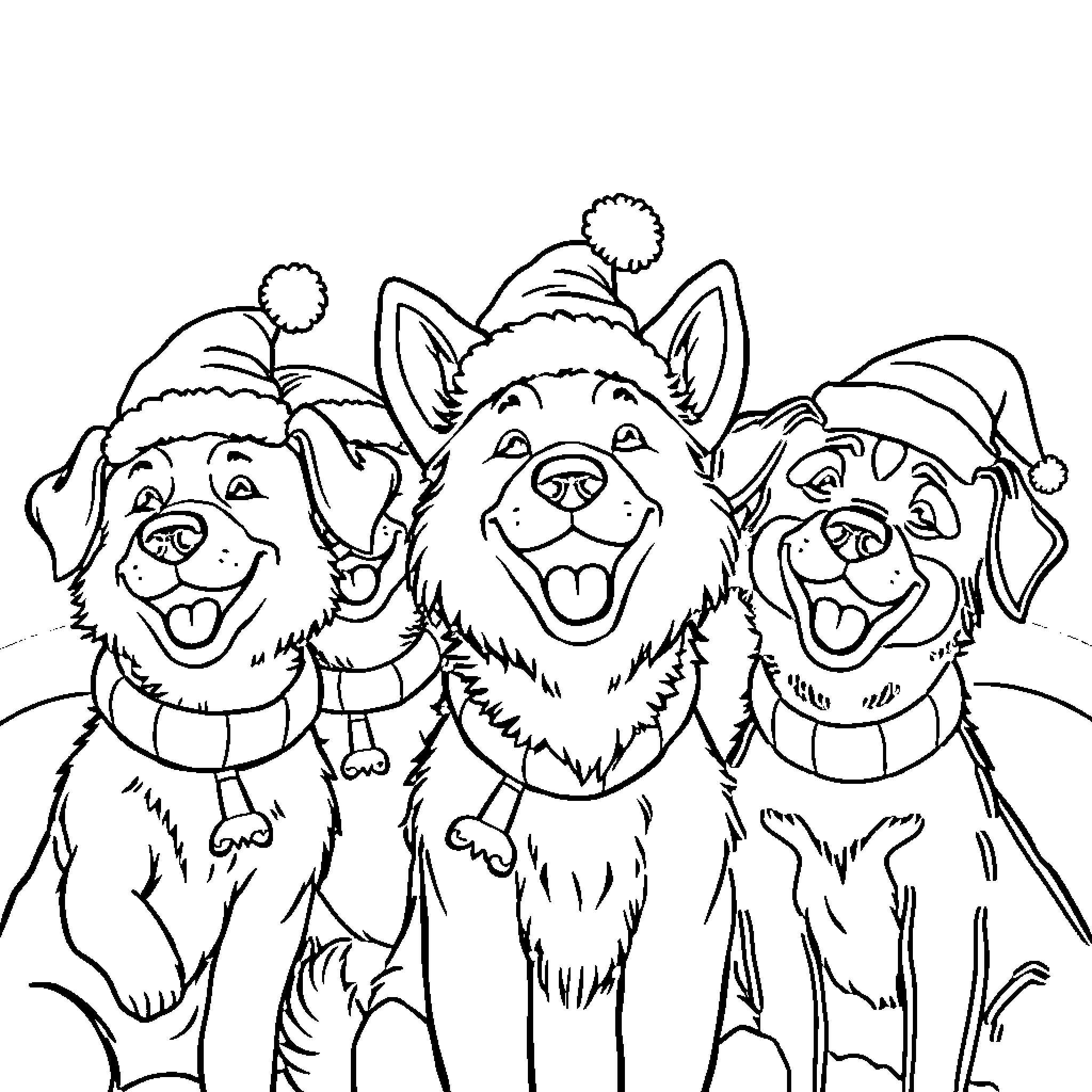 Dog friends wearing winter hats and scarves Coloring Page (free black-and-white line drawing printable PDF for all, from beginners to advanced learners, including children, teens, adults, and seniors)