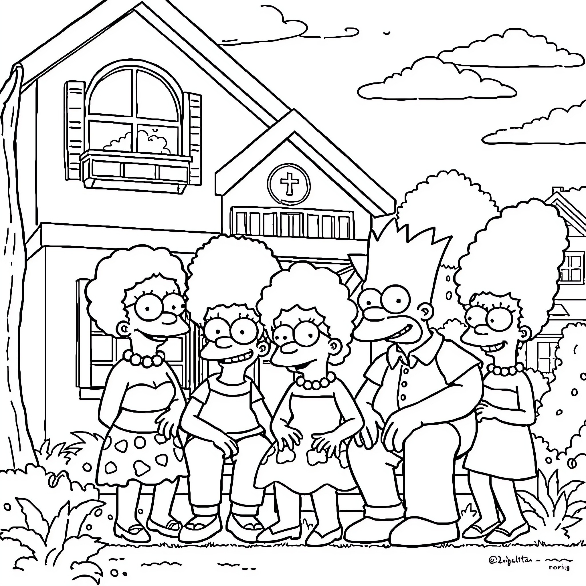 Simpsons family having fun outside their house Coloring Page (free black-and-white line drawing printable PDF for all, from beginners to advanced learners, including children, teens, adults, and seniors)