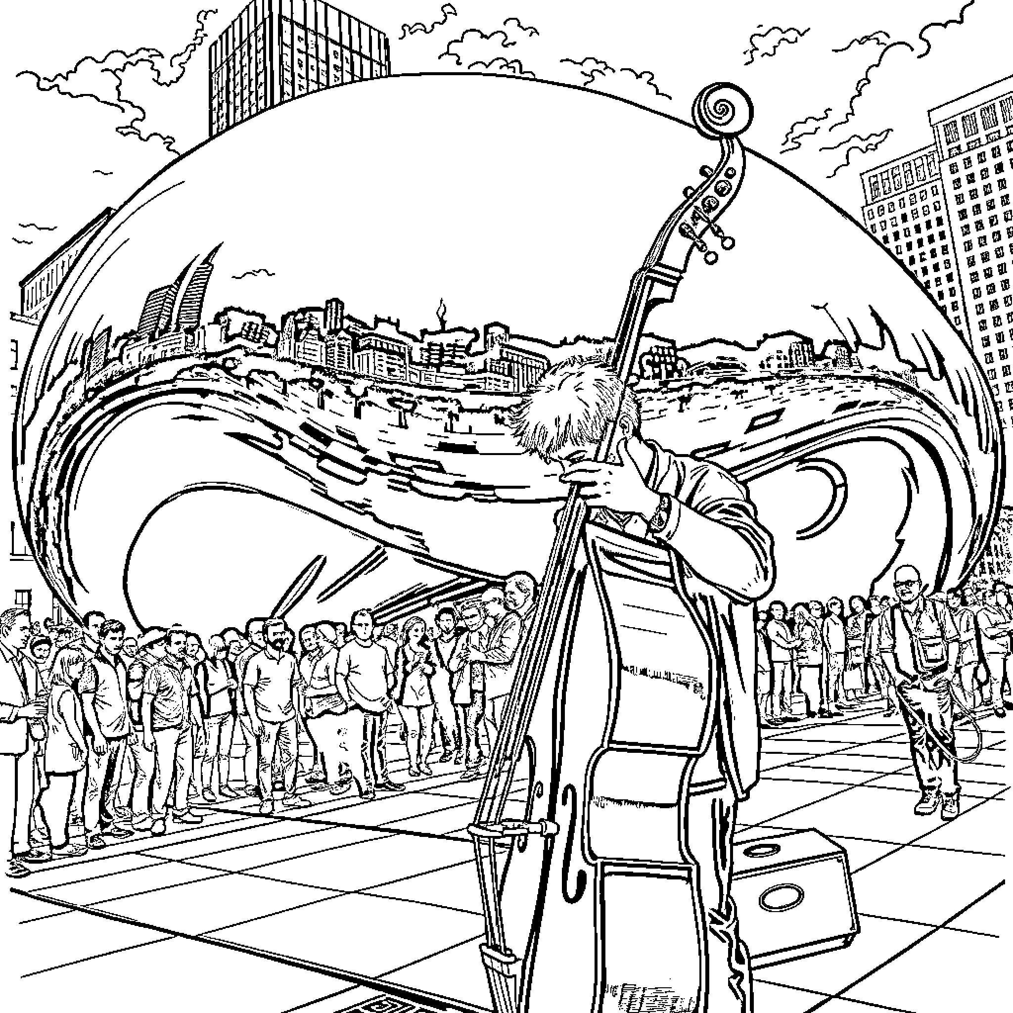 Casey Abrams performing on a city street with a crowd Coloring Page (free black-and-white line drawing printable PDF for all, from beginners to advanced learners, including children, teens, adults, and seniors)