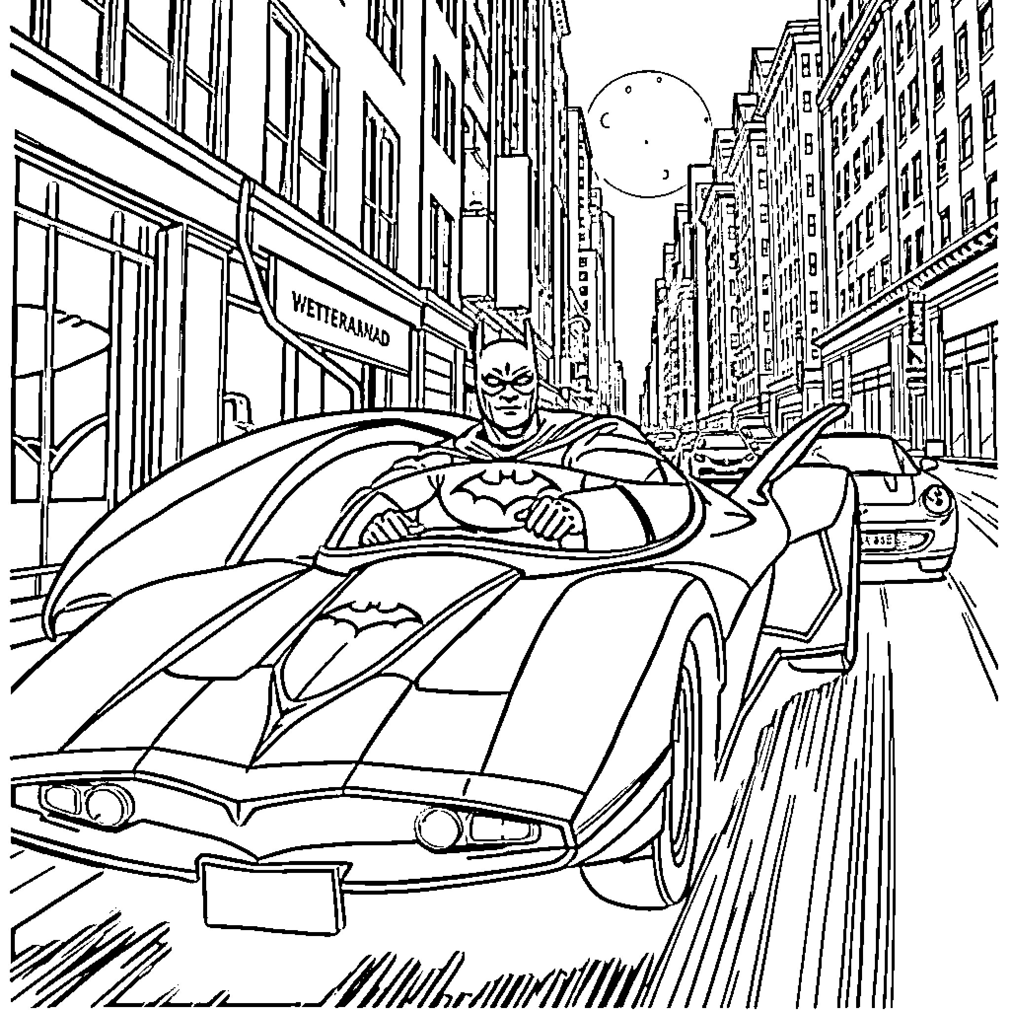 Batman speeding through the city in his Batmobile Coloring Page (free black-and-white line drawing printable PDF for all, from beginners to advanced learners, including children, teens, adults, and seniors)