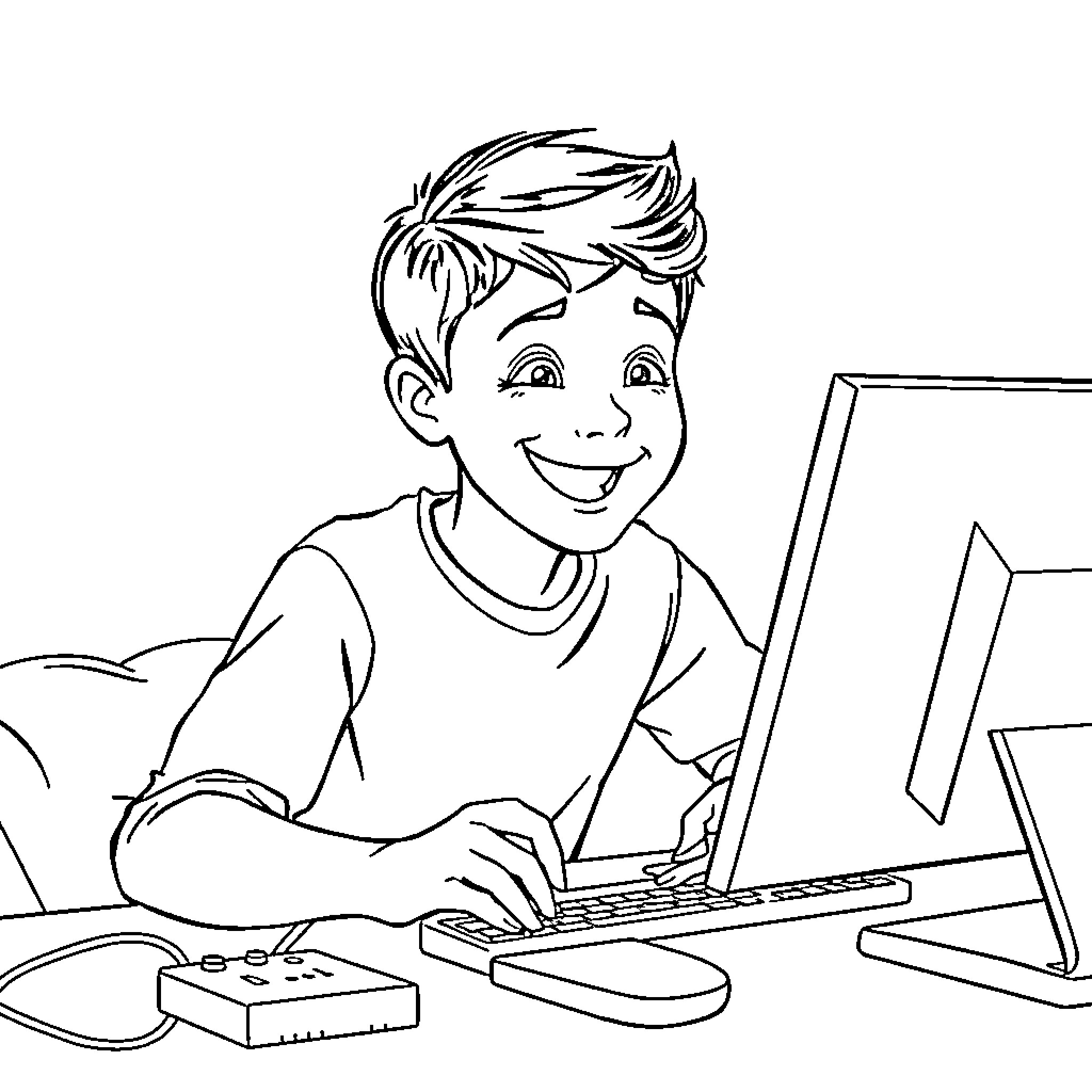 Son Playing on Computer with Gamepad Coloring Page (free black-and-white line drawing printable PDF for all, from beginners to advanced learners, including children, teens, adults, and seniors)