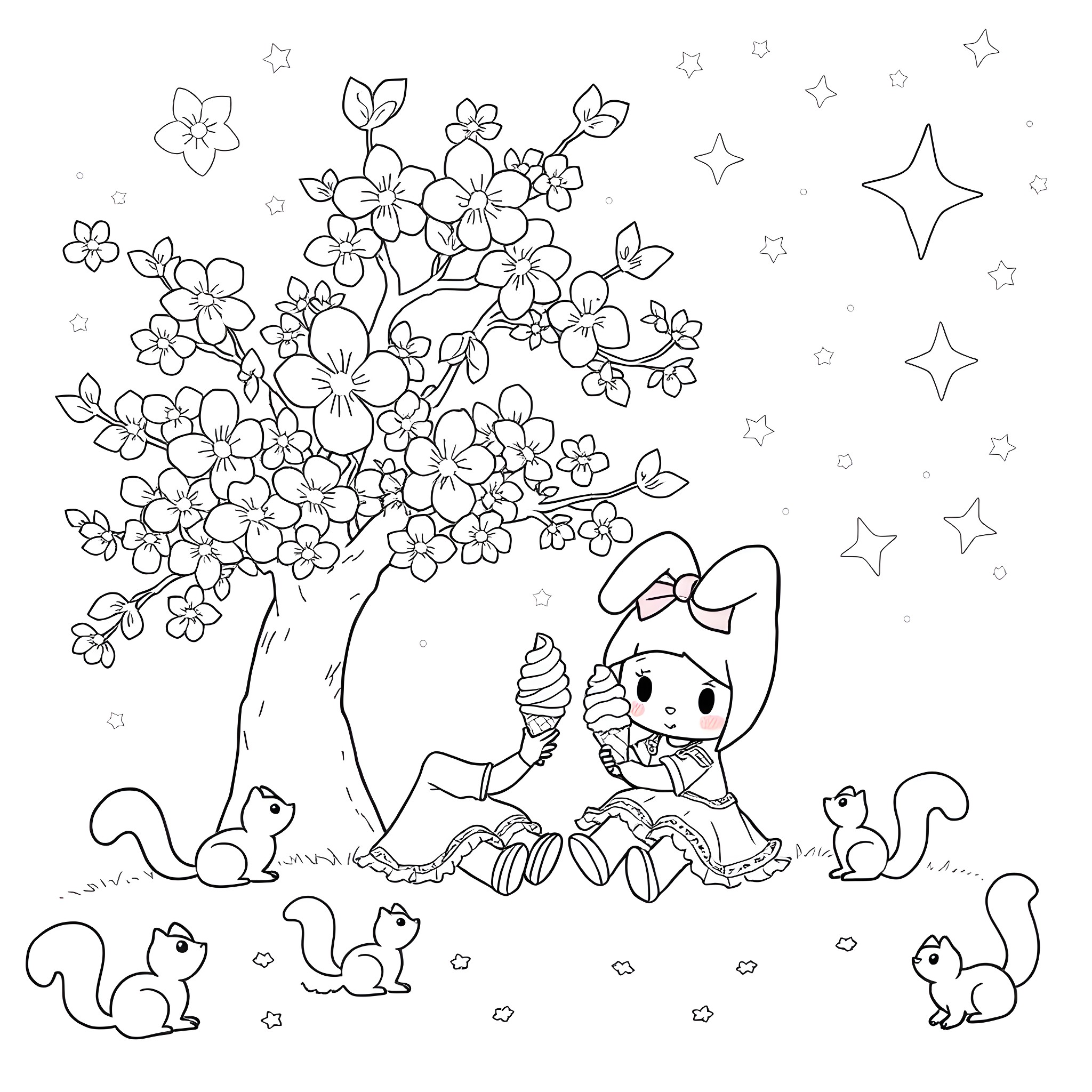My Melody and Kuromi enjoying a magical forest scene Coloring Page (free black-and-white line drawing printable PDF for all, from beginners to advanced learners, including children, teens, adults, and seniors)