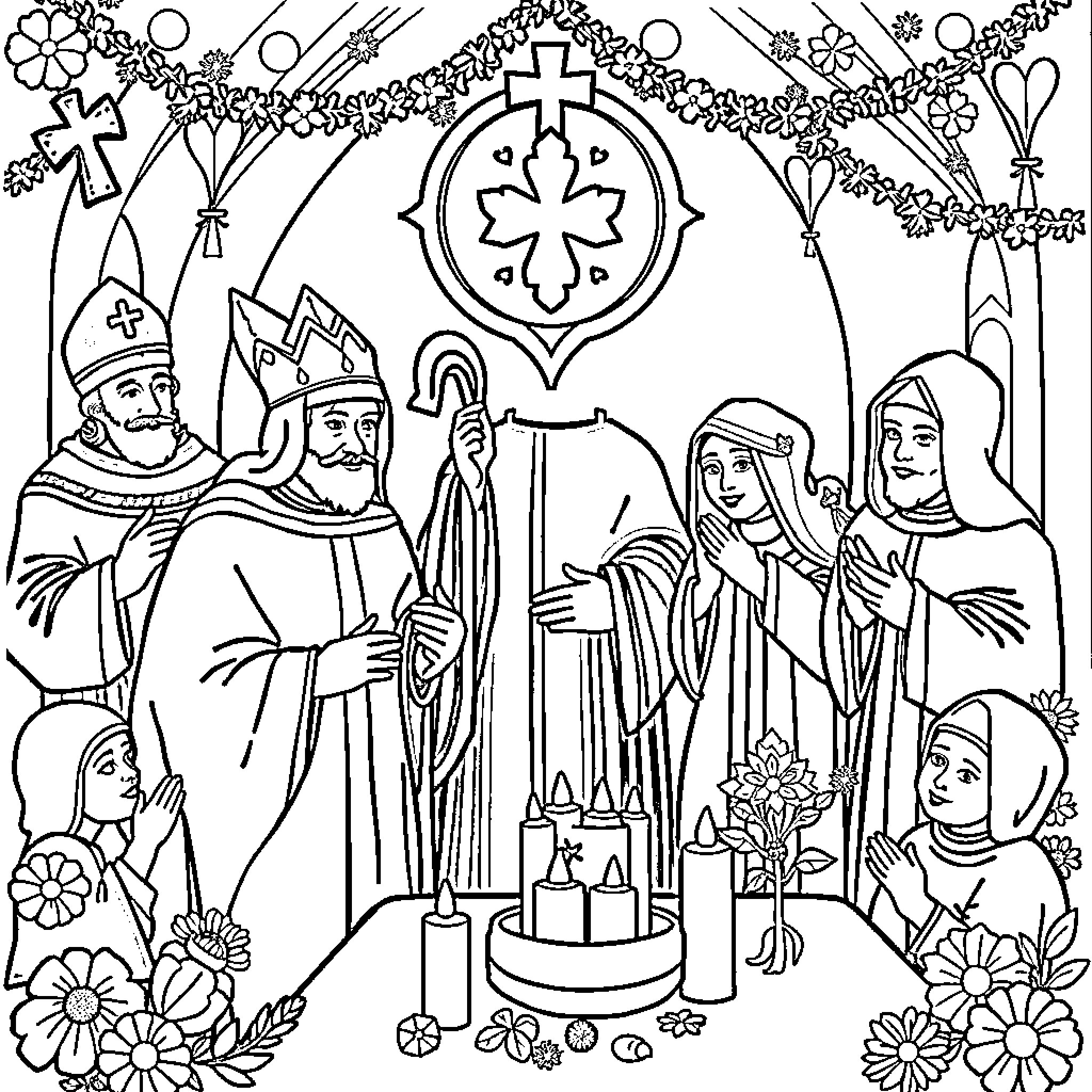 Saint Procession with Clergy and Followers Coloring Page (free black-and-white line drawing printable PDF for all, from beginners to advanced learners, including children, teens, adults, and seniors)