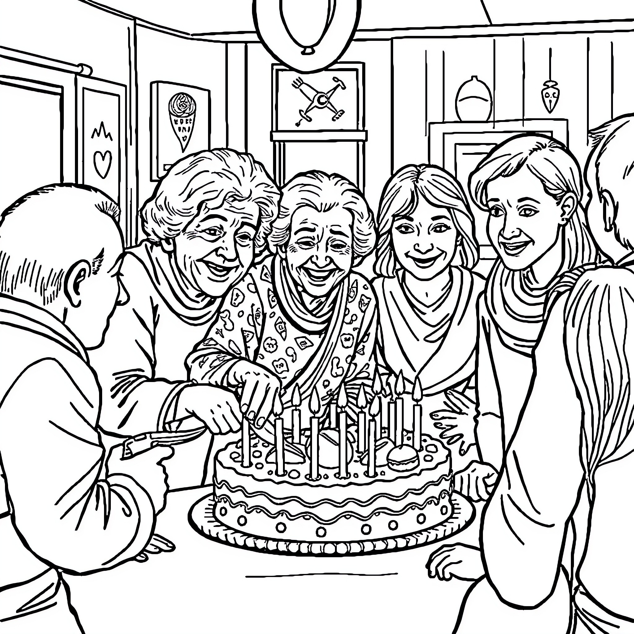 Woman Celebrating Birthday with Family Coloring Page (free black-and-white line drawing printable PDF for all, from beginners to advanced learners, including children, teens, adults, and seniors)