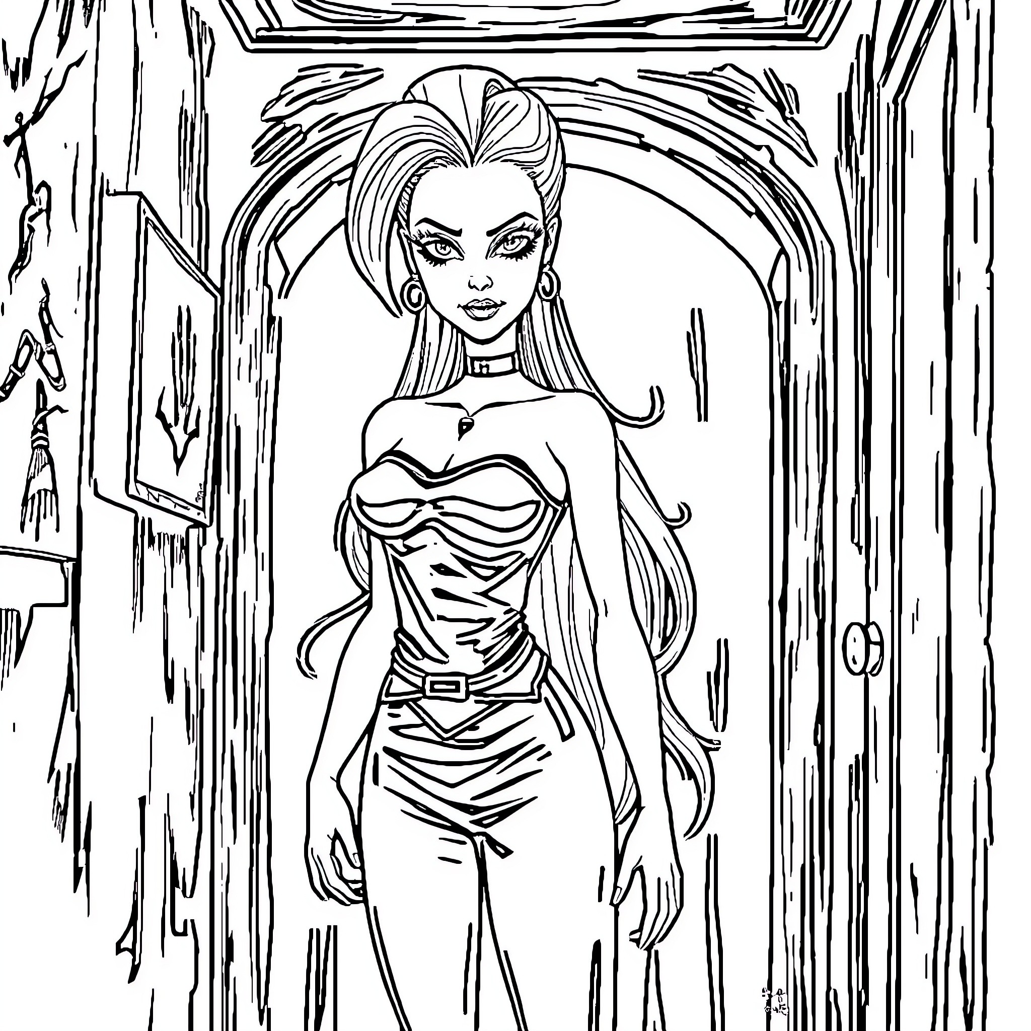 Barbie posing confidently in a glamorous dress Coloring Page (free black-and-white line drawing printable PDF for all, from beginners to advanced learners, including children, teens, adults, and seniors)