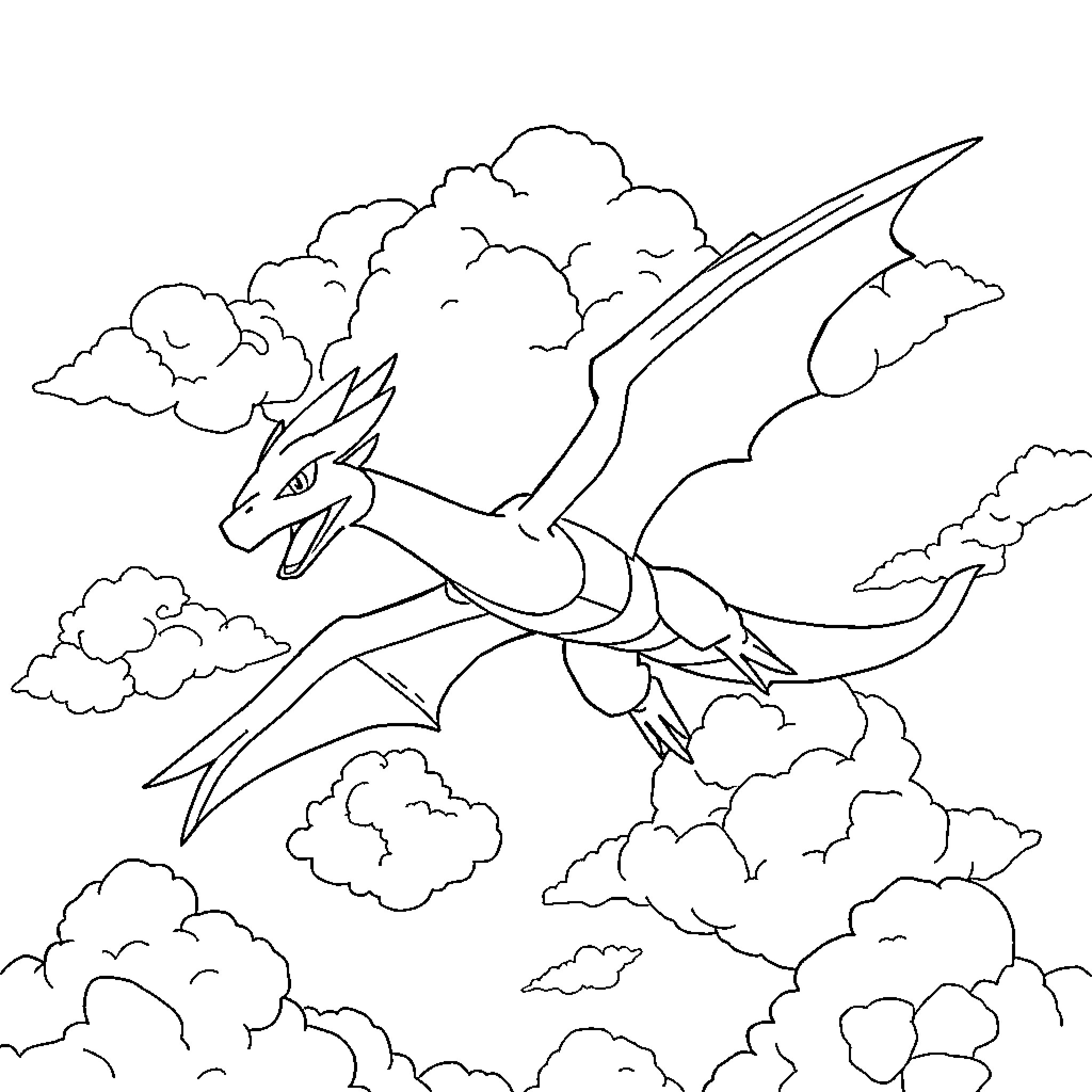 Rayquaza soaring through the cloudy skies Coloring Page (free black-and-white line drawing printable PDF for all, from beginners to advanced learners, including children, teens, adults, and seniors)