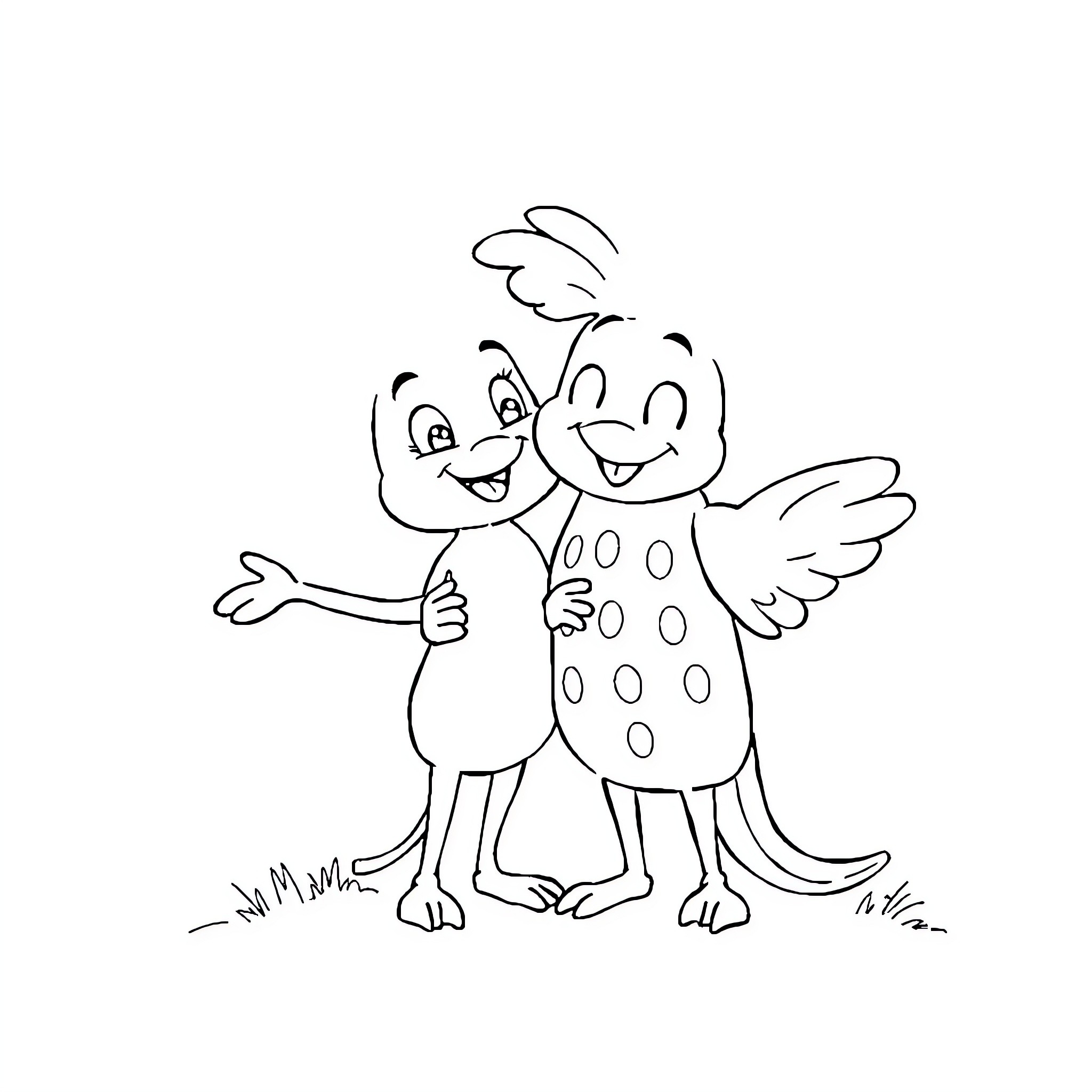 Helper Cartoon Characters Embracing Happily Coloring Page (free black-and-white line drawing printable PDF for all, from beginners to advanced learners, including children, teens, adults, and seniors)