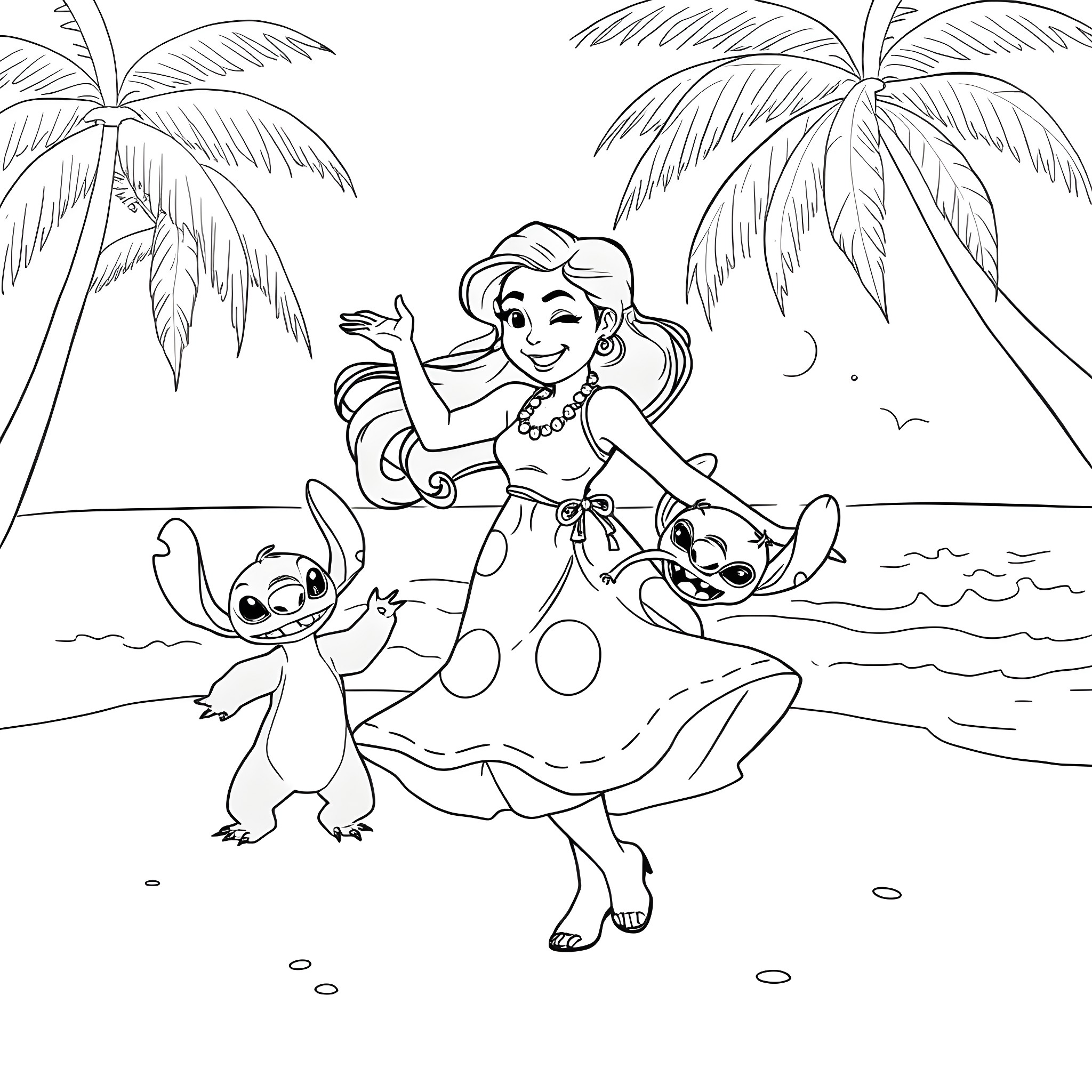Lilo's Tropical Adventure with Stitch Coloring Page (free black-and-white line drawing printable PDF for all, from beginners to advanced learners, including children, teens, adults, and seniors)