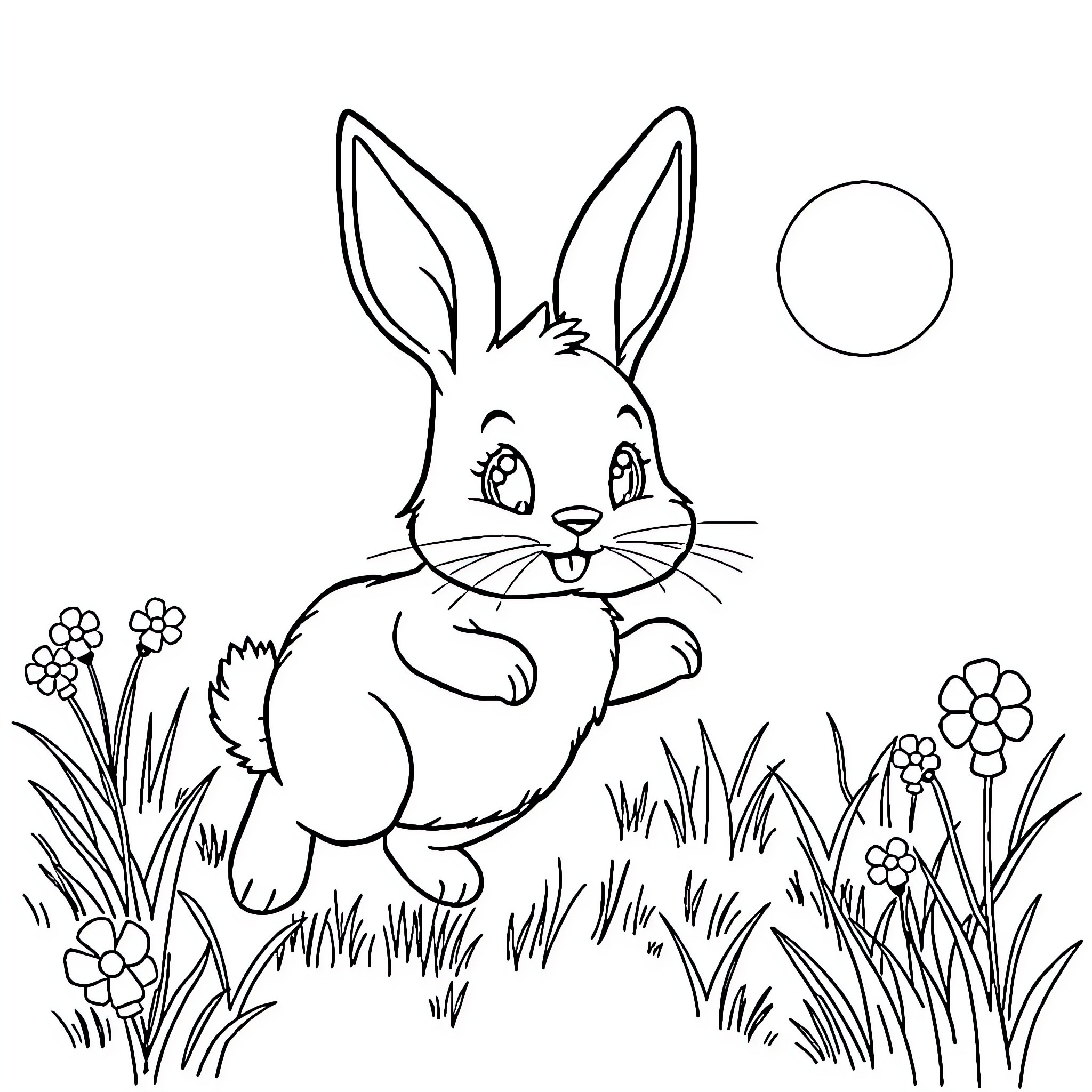 Bunny frolicking in a meadow Coloring Page (free black-and-white line drawing printable PDF for all, from beginners to advanced learners, including children, teens, adults, and seniors)