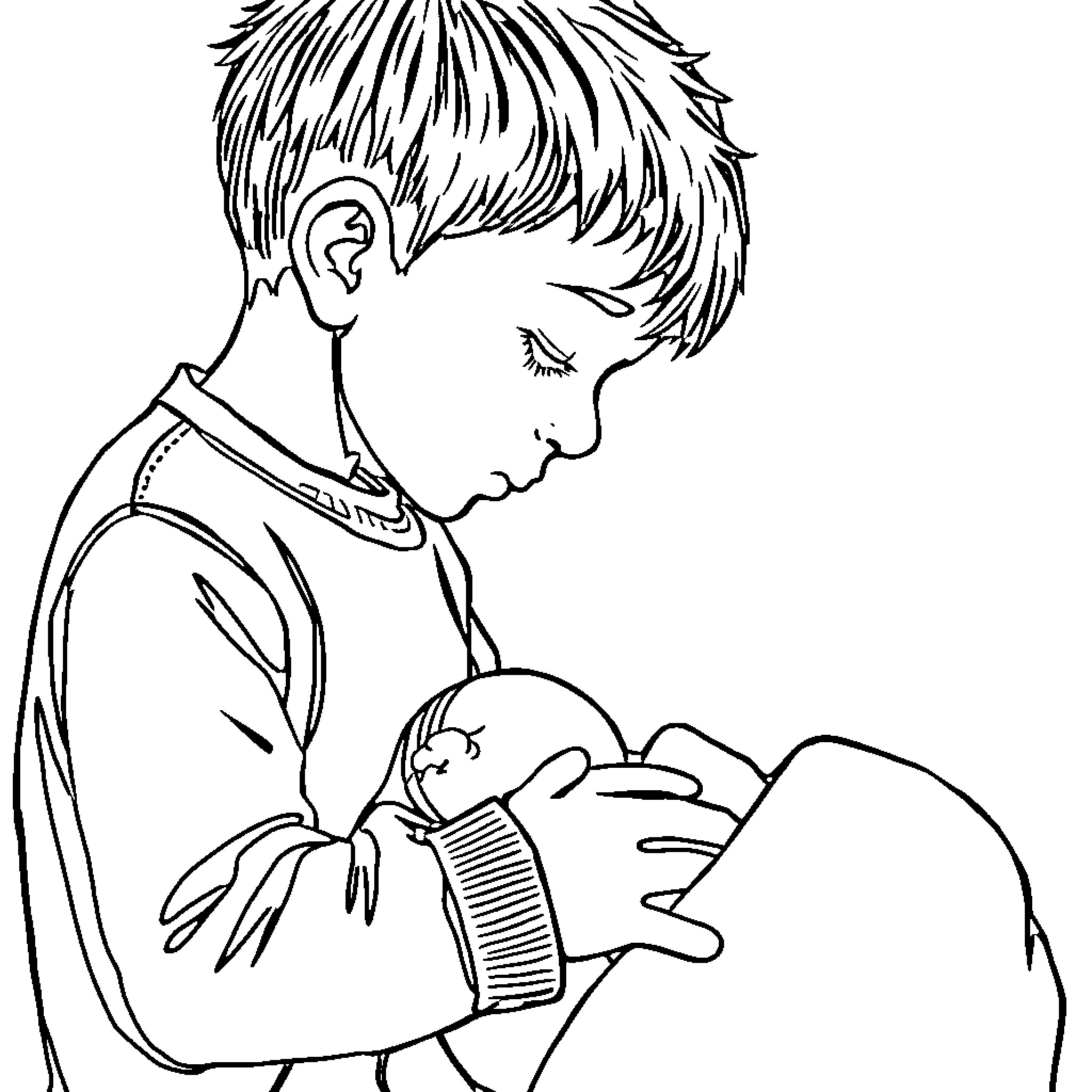 Kid tenderly holding sleeping infant Coloring Page (free black-and-white line drawing printable PDF for all, from beginners to advanced learners, including children, teens, adults, and seniors)
