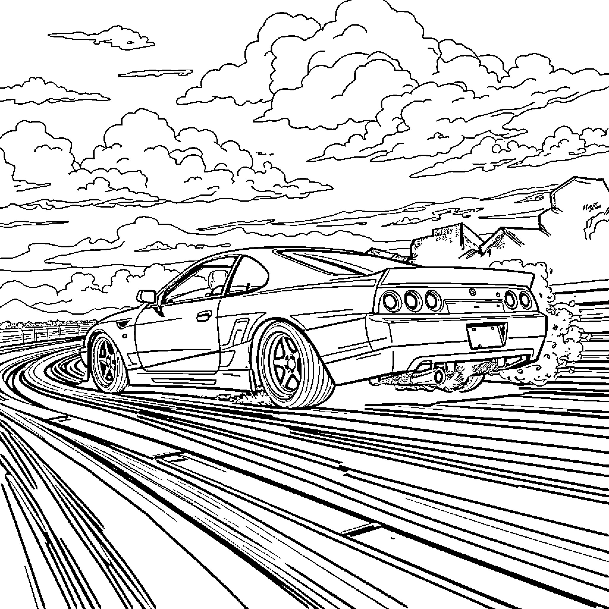 Car speeding on open road with cloudy sky Coloring Page (free black-and-white line drawing printable PDF for all, from beginners to advanced learners, including children, teens, adults, and seniors)