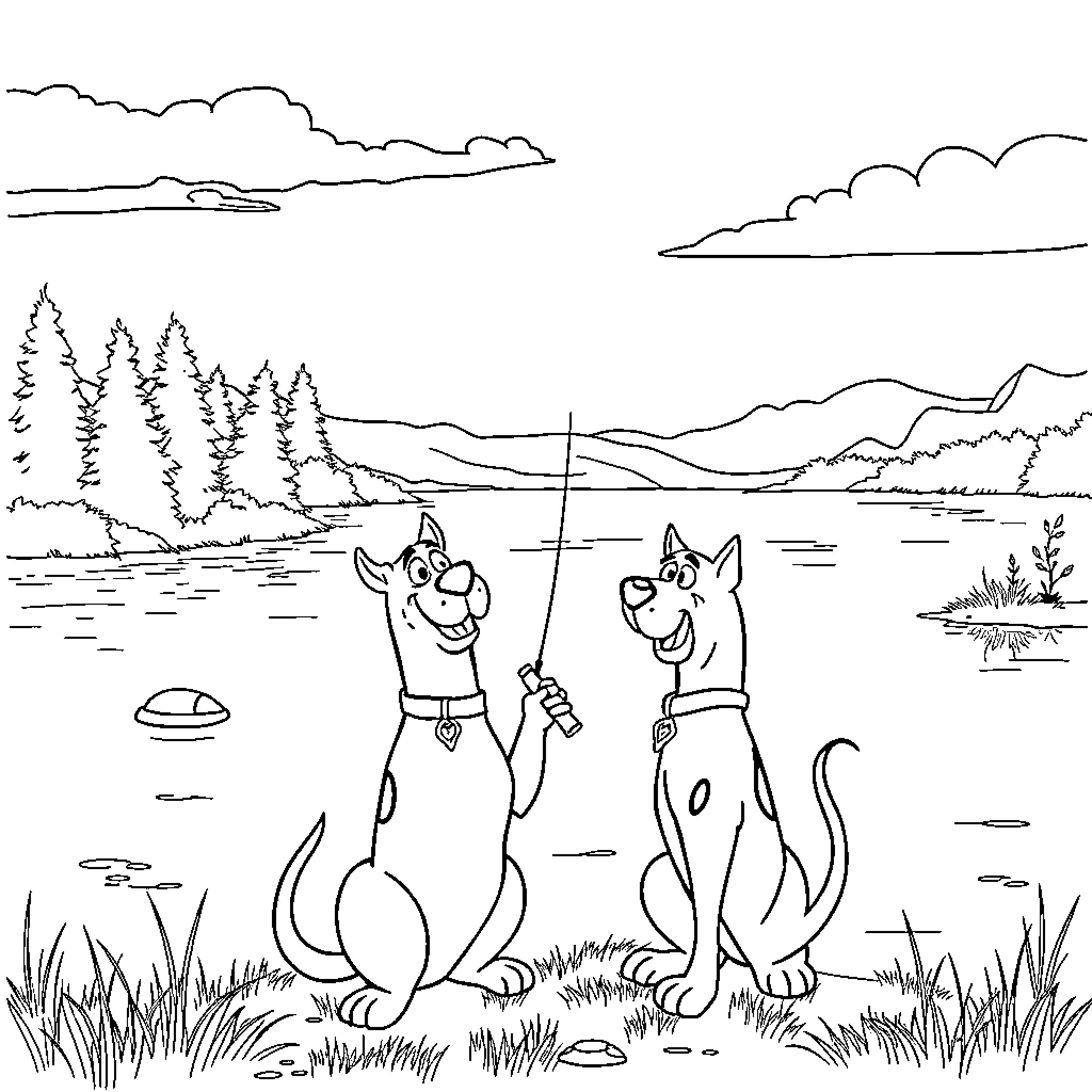 Scooby Doo and Shaggy Enjoying Outdoor Adventure Coloring Page (free black-and-white line drawing printable PDF for all, from beginners to advanced learners, including children, teens, adults, and seniors)