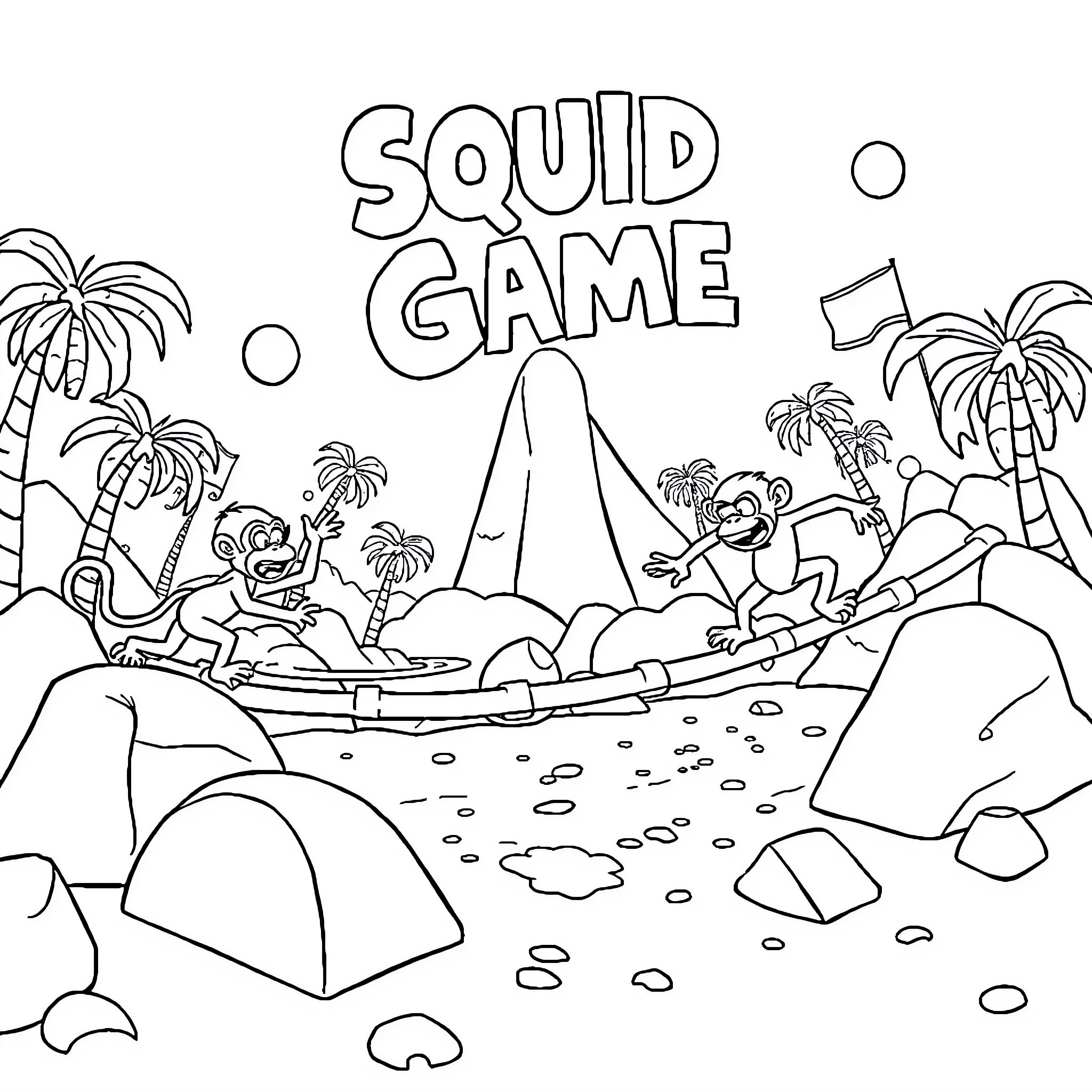 Monkey playing in a tropical Squid Game setting Coloring Page (free black-and-white line drawing printable PDF for all, from beginners to advanced learners, including children, teens, adults, and seniors)