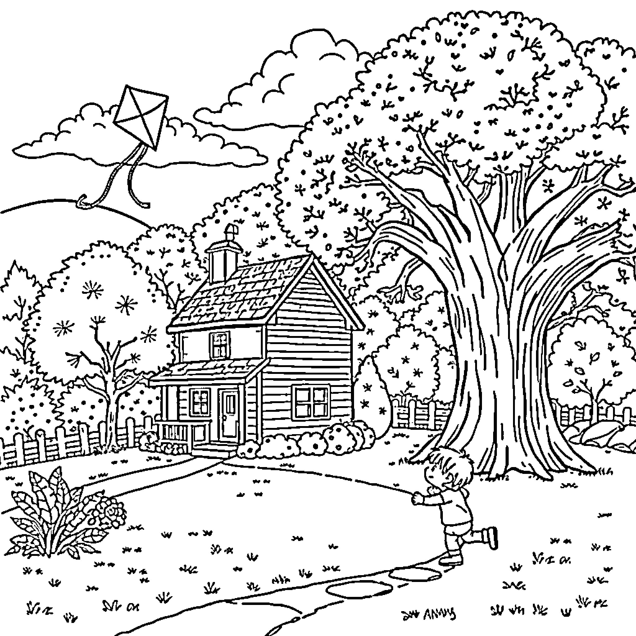 House with Kite Flying in Peaceful Countryside Coloring Page (free black-and-white line drawing printable PDF for all, from beginners to advanced learners, including children, teens, adults, and seniors)