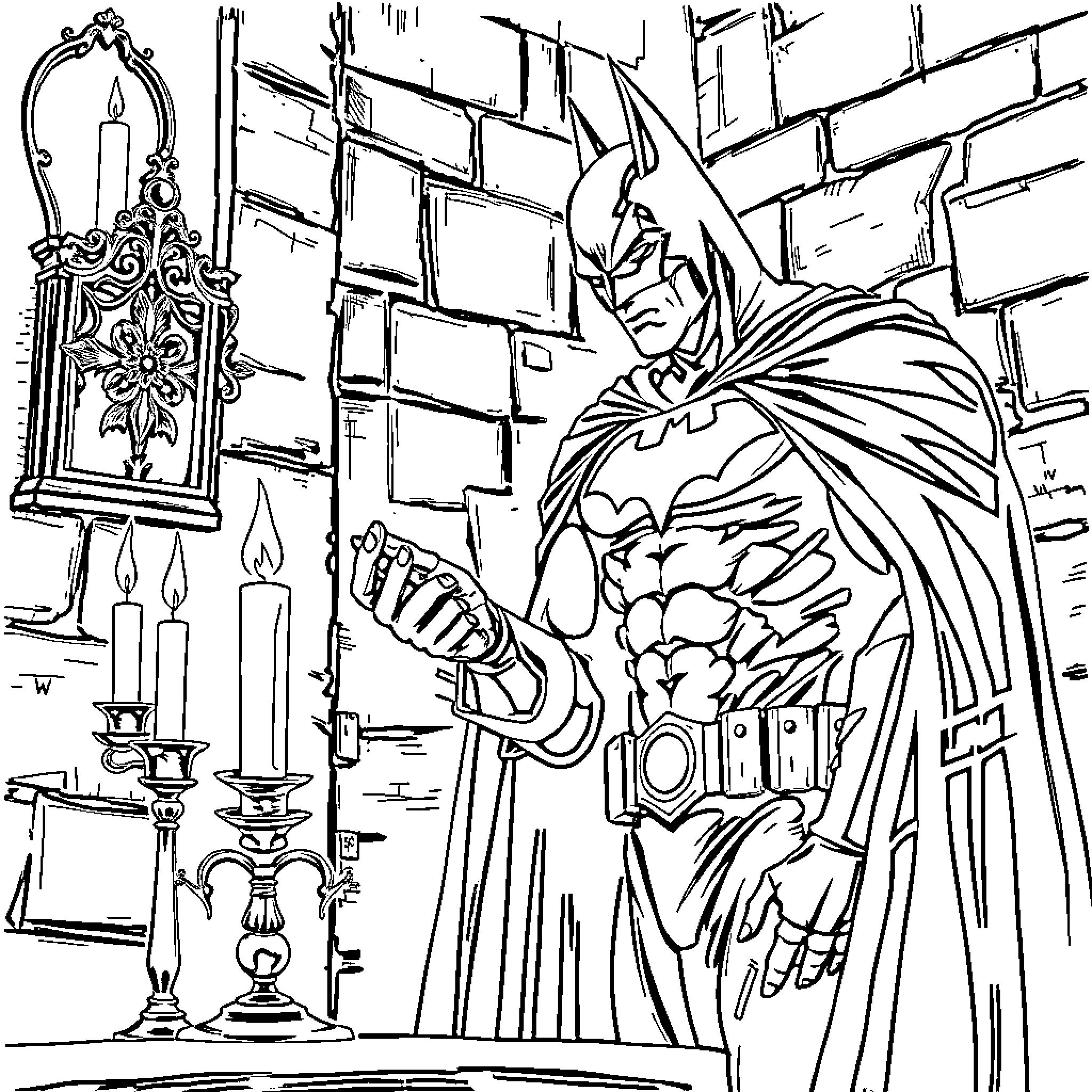 Batman standing heroically in a gothic setting Coloring Page (free black-and-white line drawing printable PDF for all, from beginners to advanced learners, including children, teens, adults, and seniors)