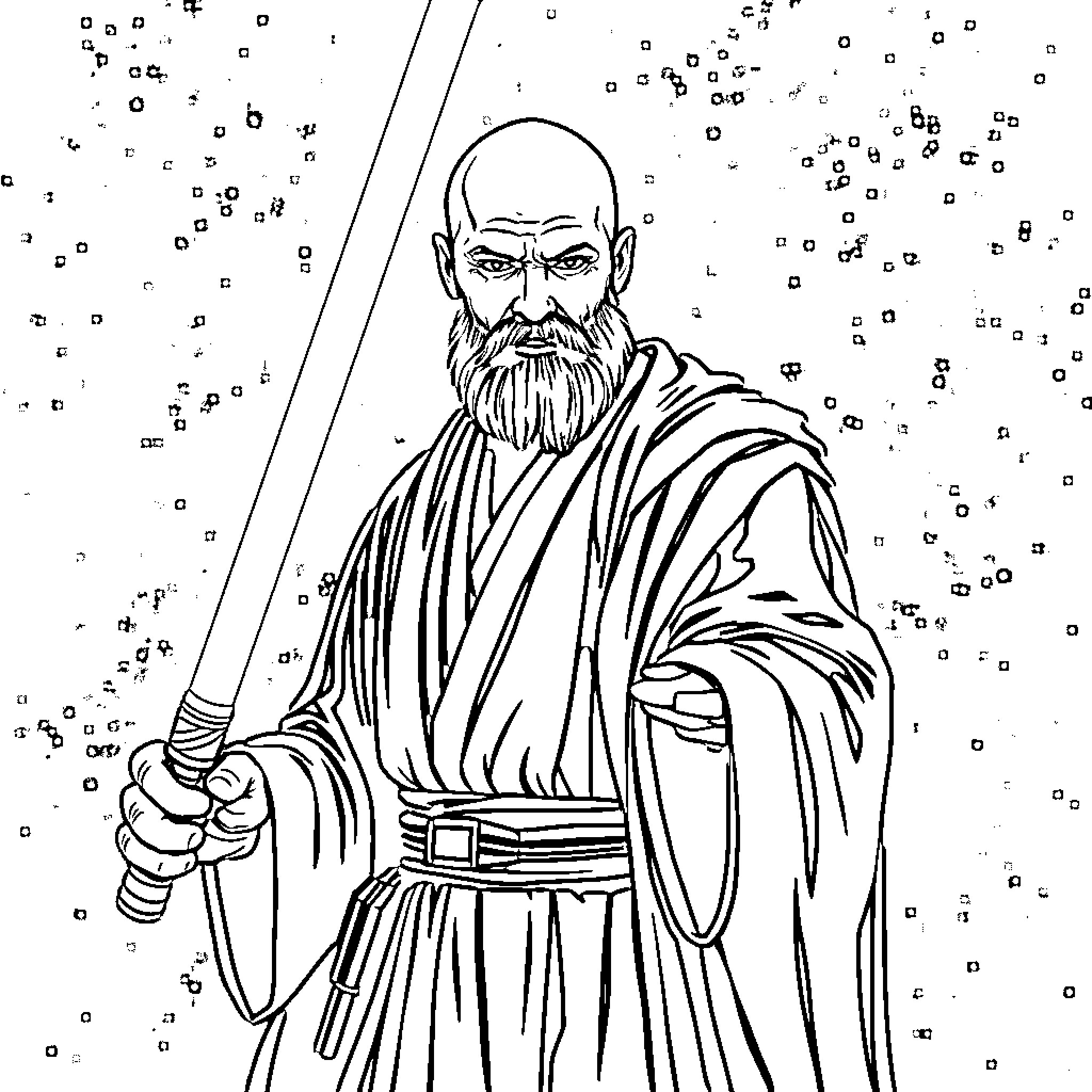Jedi Master in contemplative stance amidst cosmic background Coloring Page (free black-and-white line drawing printable PDF for all, from beginners to advanced learners, including children, teens, adults, and seniors)