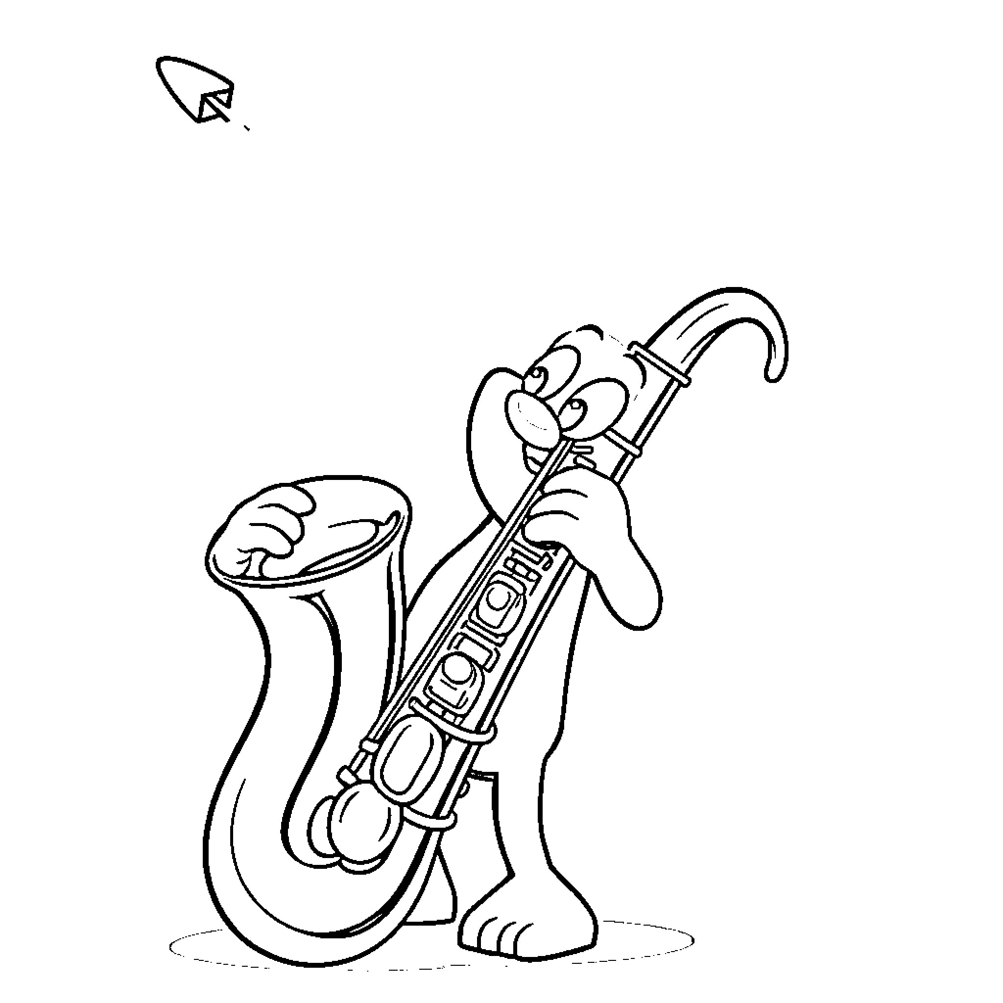Bluey playing with a saxophone Coloring Page (free black-and-white line drawing printable PDF for all, from beginners to advanced learners, including children, teens, adults, and seniors)