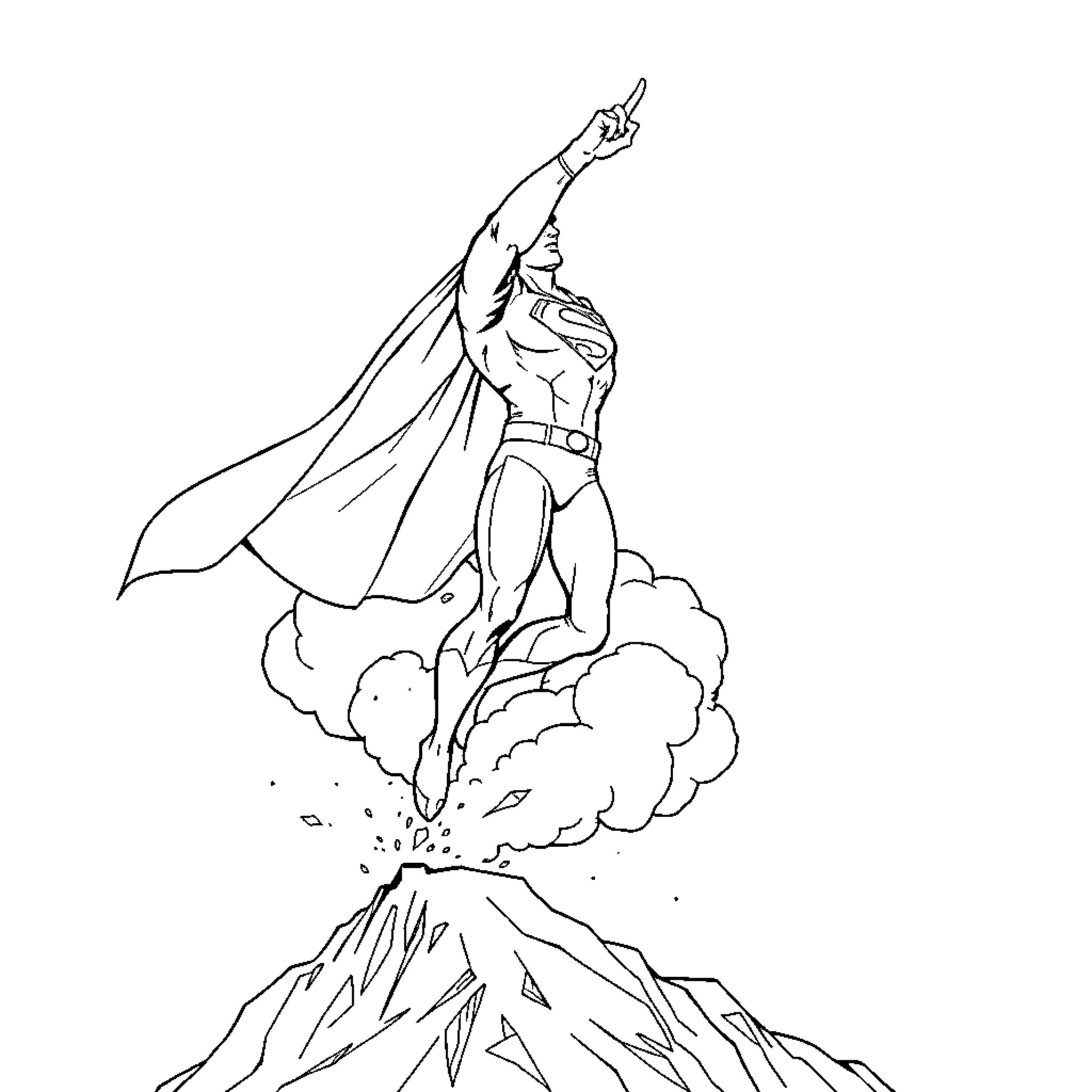Superman soaring above the clouds and mountain Coloring Page (free black-and-white line drawing printable PDF for all, from beginners to advanced learners, including children, teens, adults, and seniors)