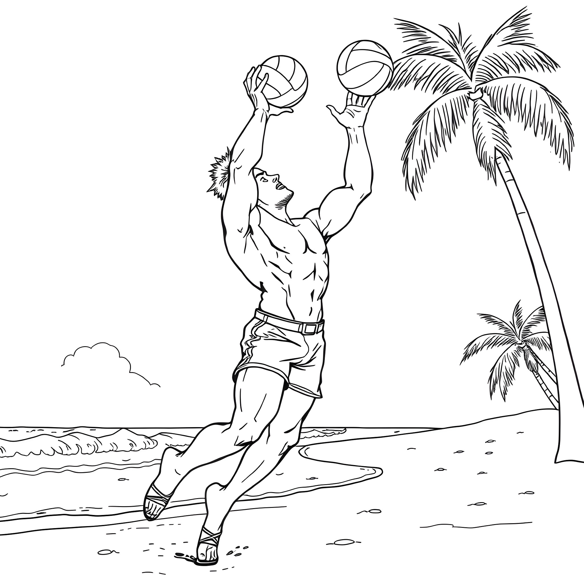 Badman playing beach volleyball under palm trees Coloring Page (free black-and-white line drawing printable PDF for all, from beginners to advanced learners, including children, teens, adults, and seniors)