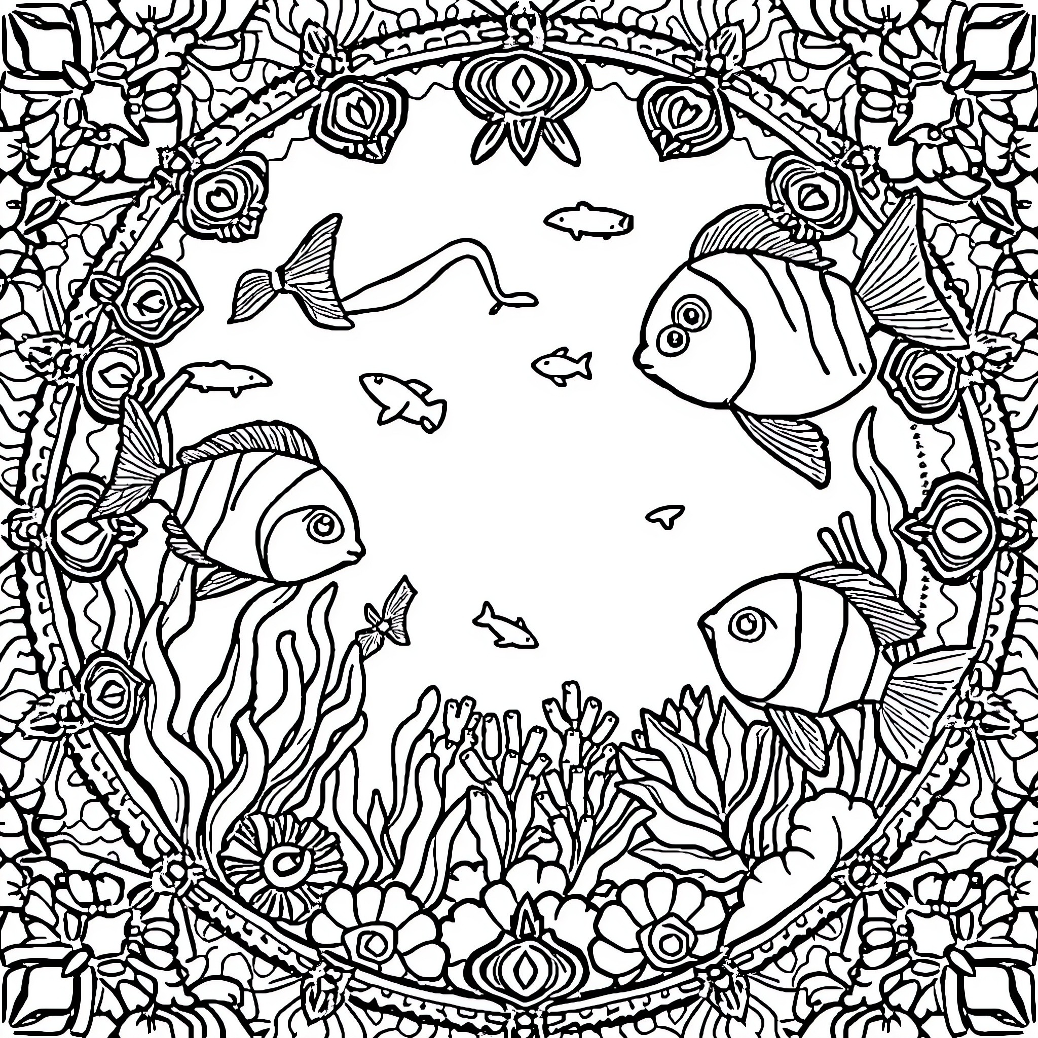 Mandalas of Underwater Serenity Coloring Page (free black-and-white line drawing printable PDF for all, from beginners to advanced learners, including children, teens, adults, and seniors)