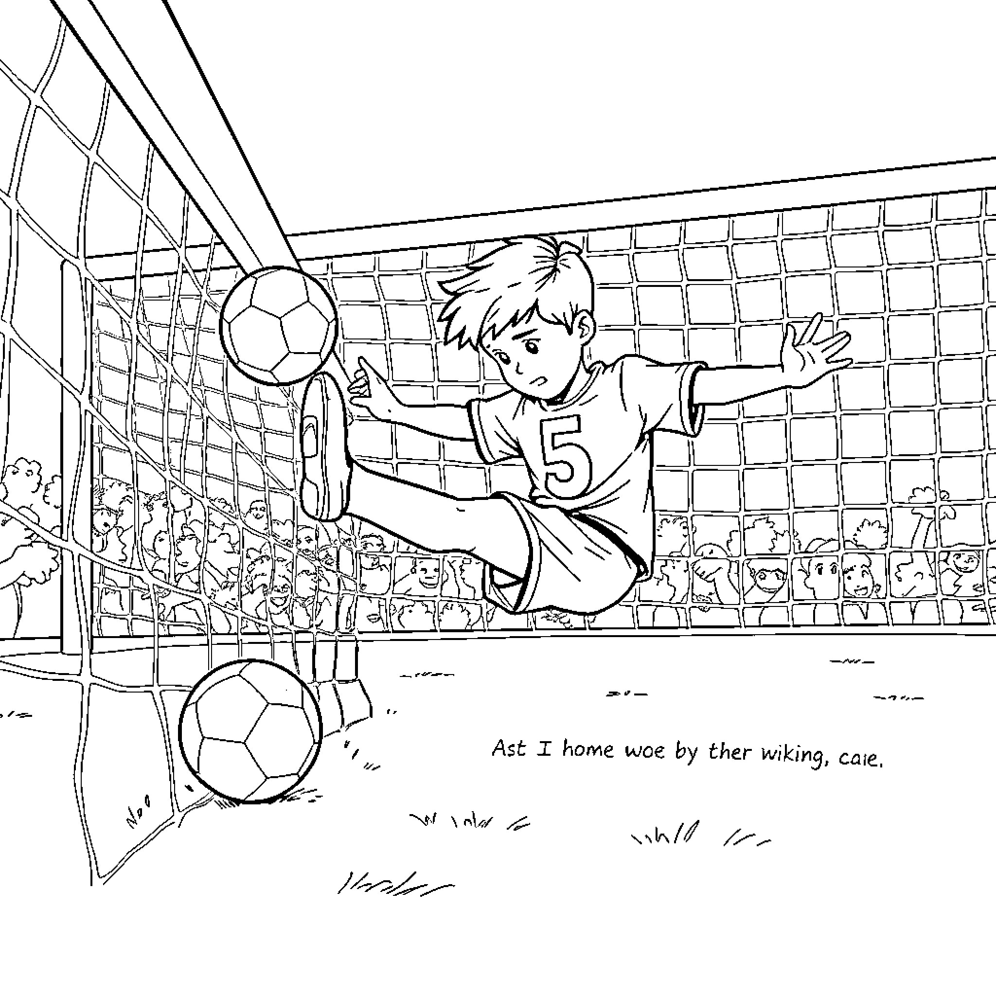 Boy jumping to score during soccer game Coloring Page (free black-and-white line drawing printable PDF for all, from beginners to advanced learners, including children, teens, adults, and seniors)