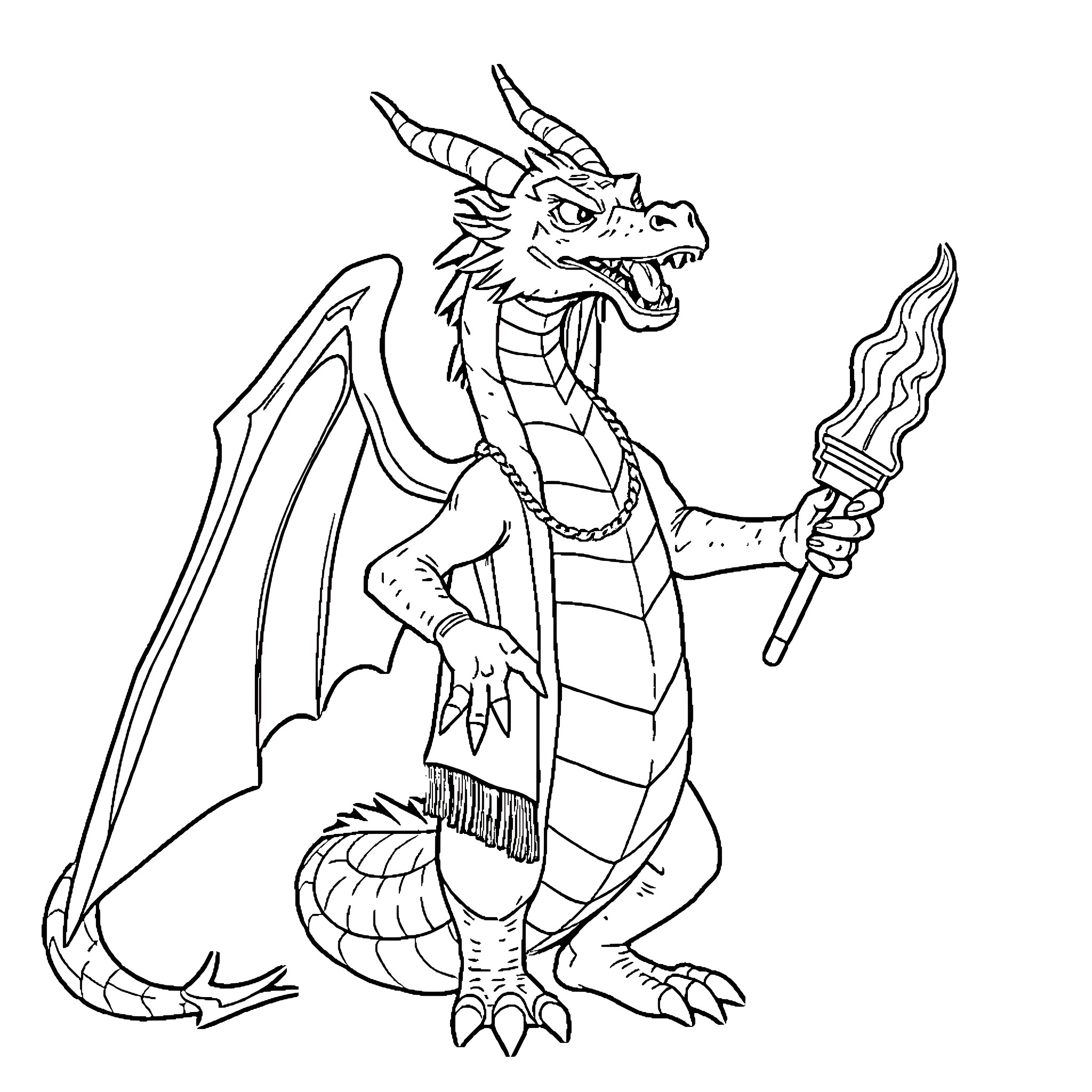 Dragon Warrior Wielding Flaming Spear Coloring Page (free black-and-white line drawing printable PDF for all, from beginners to advanced learners, including children, teens, adults, and seniors)
