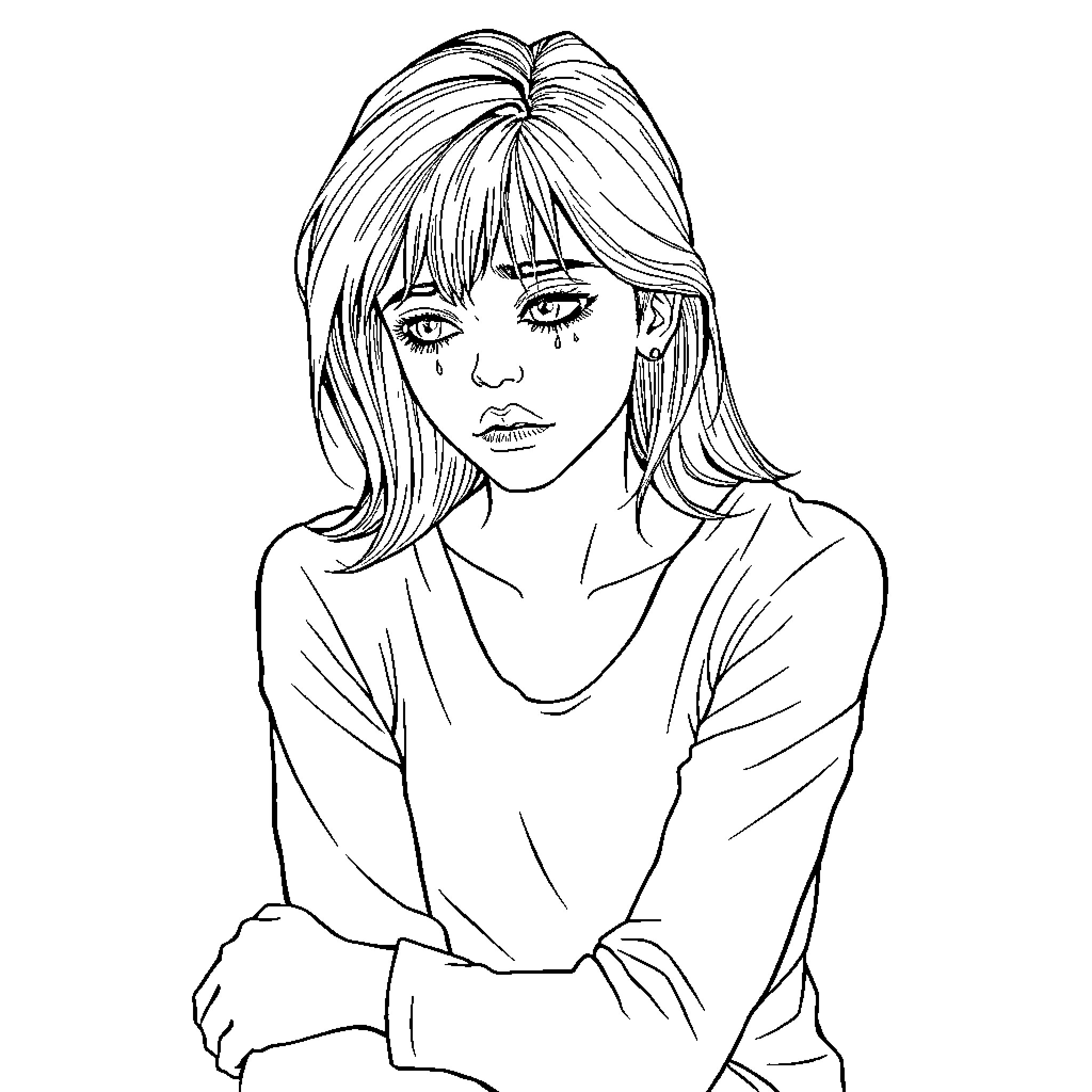 Woman with a distressed expression Coloring Page (free black-and-white line drawing printable PDF for all, from beginners to advanced learners, including children, teens, adults, and seniors)