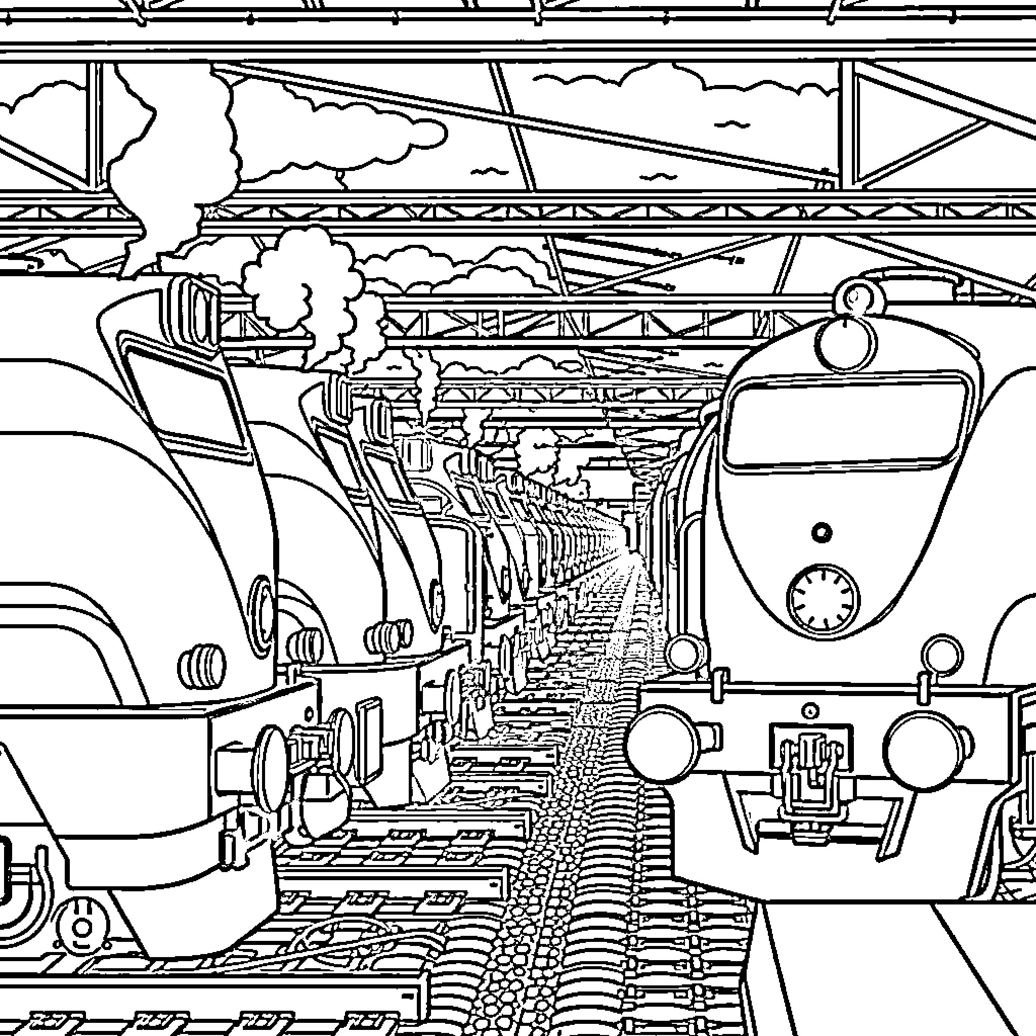 Train Interiors and Platforms in Motion Coloring Page (free black-and-white line drawing printable PDF for all, from beginners to advanced learners, including children, teens, adults, and seniors)