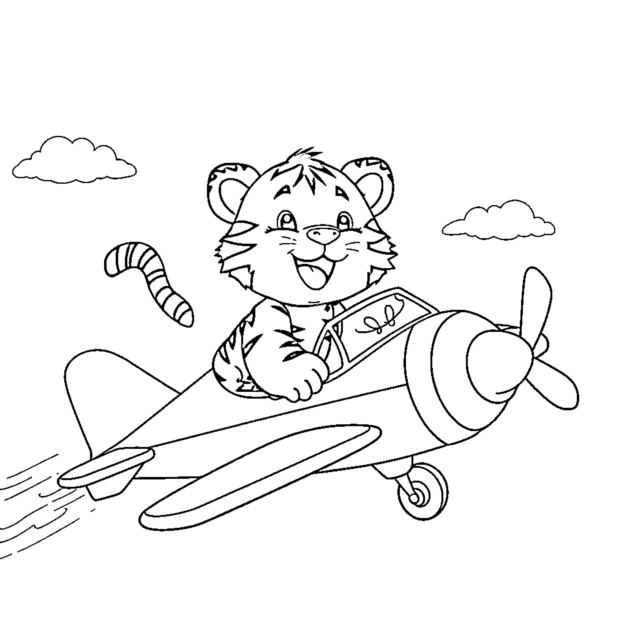 Tiger Pilot Flying Joyfully in Biplane Coloring Page (free black-and-white line drawing printable PDF for all, from beginners to advanced learners, including children, teens, adults, and seniors)