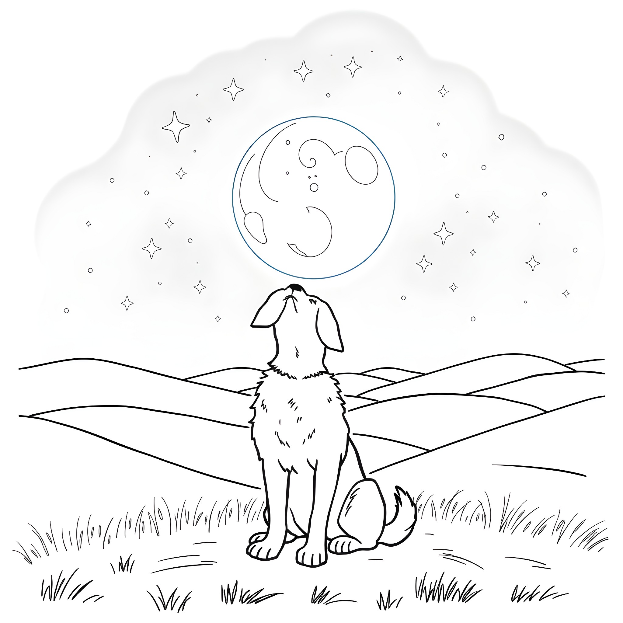Dog gazing at the starry night sky Coloring Page (free black-and-white line drawing printable PDF for all, from beginners to advanced learners, including children, teens, adults, and seniors)