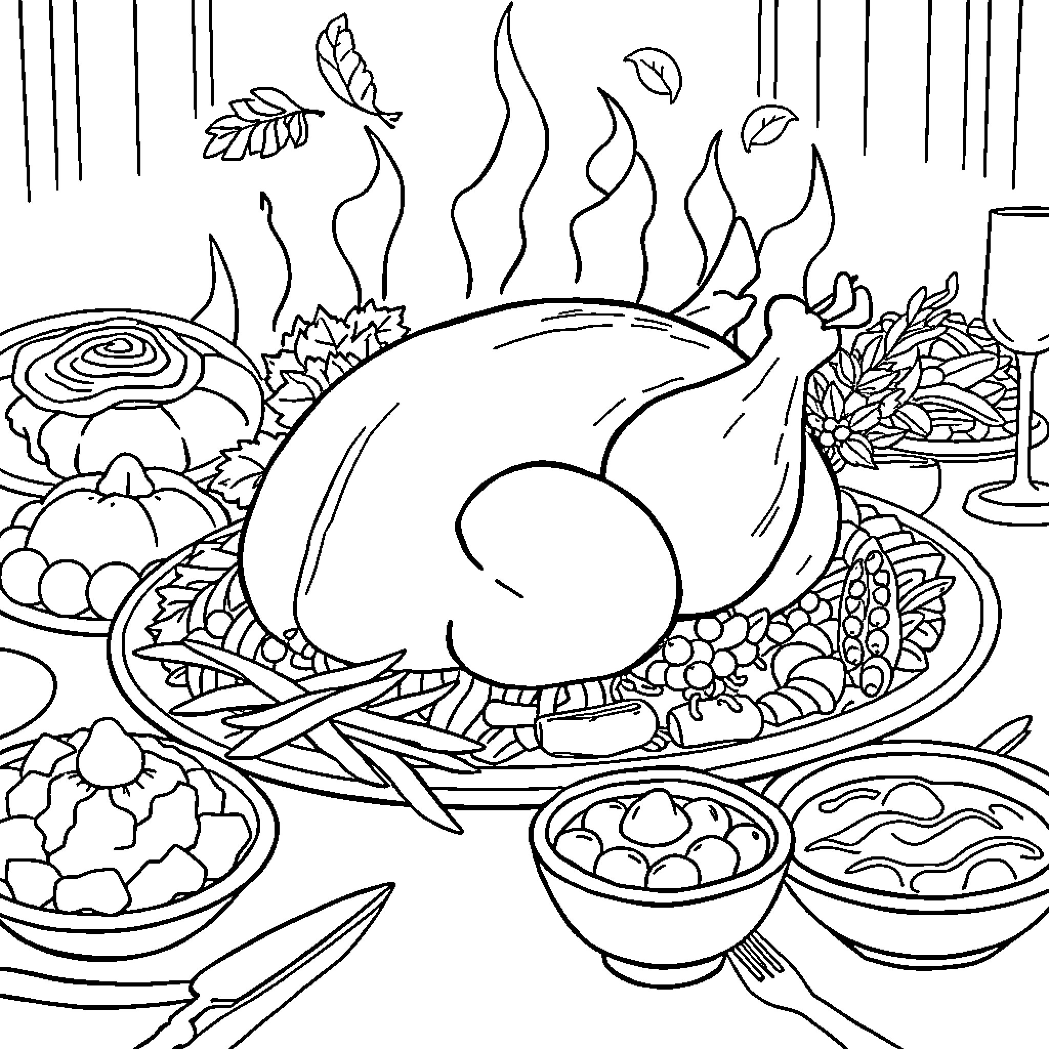 Turkey Dinner with Festive Side Dishes Coloring Page (free black-and-white line drawing printable PDF for all, from beginners to advanced learners, including children, teens, adults, and seniors)