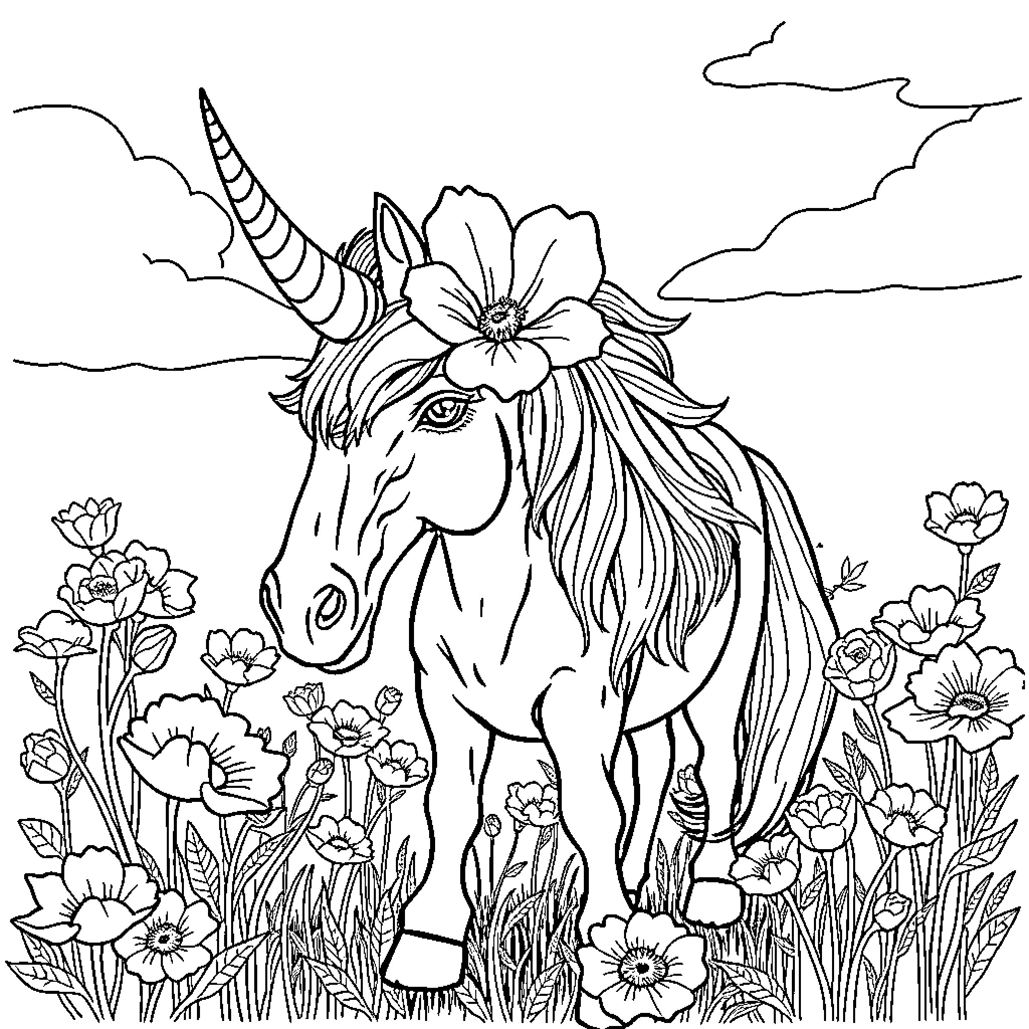 Unicorn standing amidst a flower-filled meadow Coloring Page (free black-and-white line drawing printable PDF for all, from beginners to advanced learners, including children, teens, adults, and seniors)