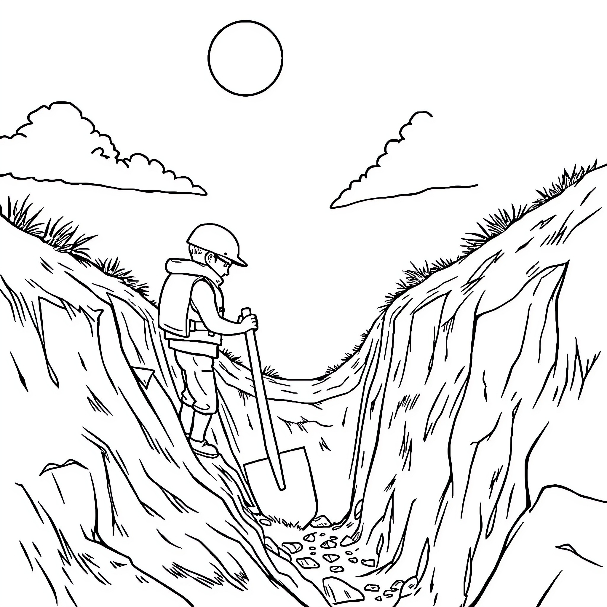 Guy hiking through rugged terrain on a mountain trail Coloring Page (free black-and-white line drawing printable PDF for all, from beginners to advanced learners, including children, teens, adults, and seniors)